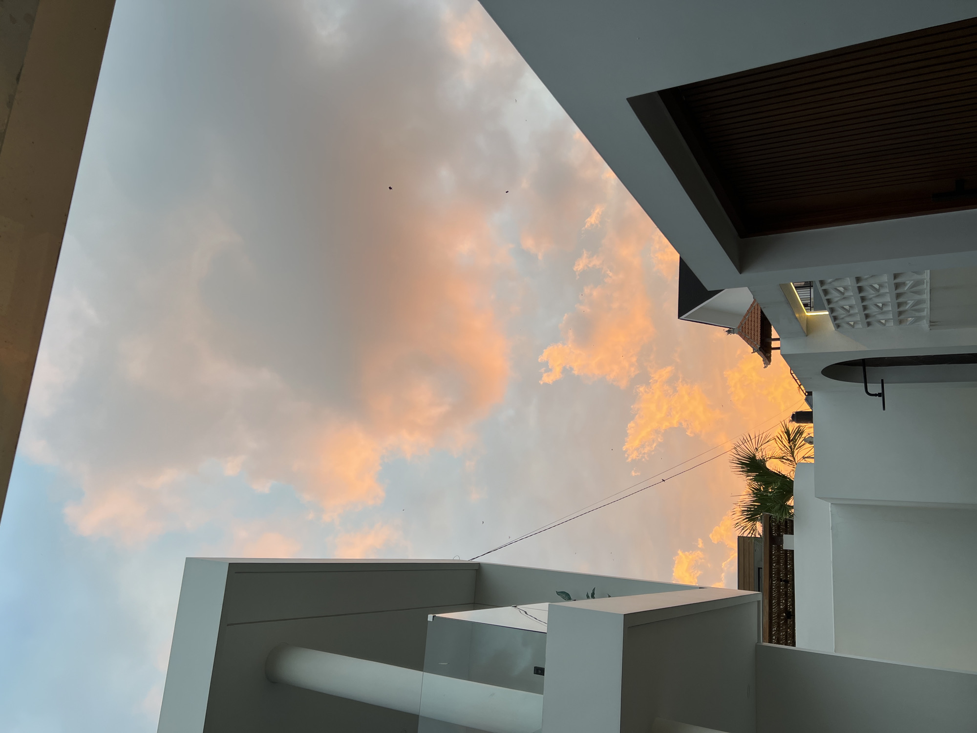 The image captures a striking sunset over the city of Kediri, Indonesia, framed by modern architecture. The sky is a canvas of vibrant orange and pink clouds, transitioning into soft blue hues towards the top. In the foreground, stark white structures with clean lines dominate the scene. To the left, a building section features a rounded pillar and a glass balcony railing. To the right, another white structure encloses a large, vertical wooden door. A palm tree is visible behind a low white wall, adding a touch of tropical foliage. In the distance, a structure with a tiered, oriental-style roof is partially obscured. Several small, dark specks, likely birds, are scattered across the sky. A thin wire runs diagonally across the image, connecting two unseen points. The overall impression is one of serene beauty where contemporary design meets the natural spectacle of a sunset.