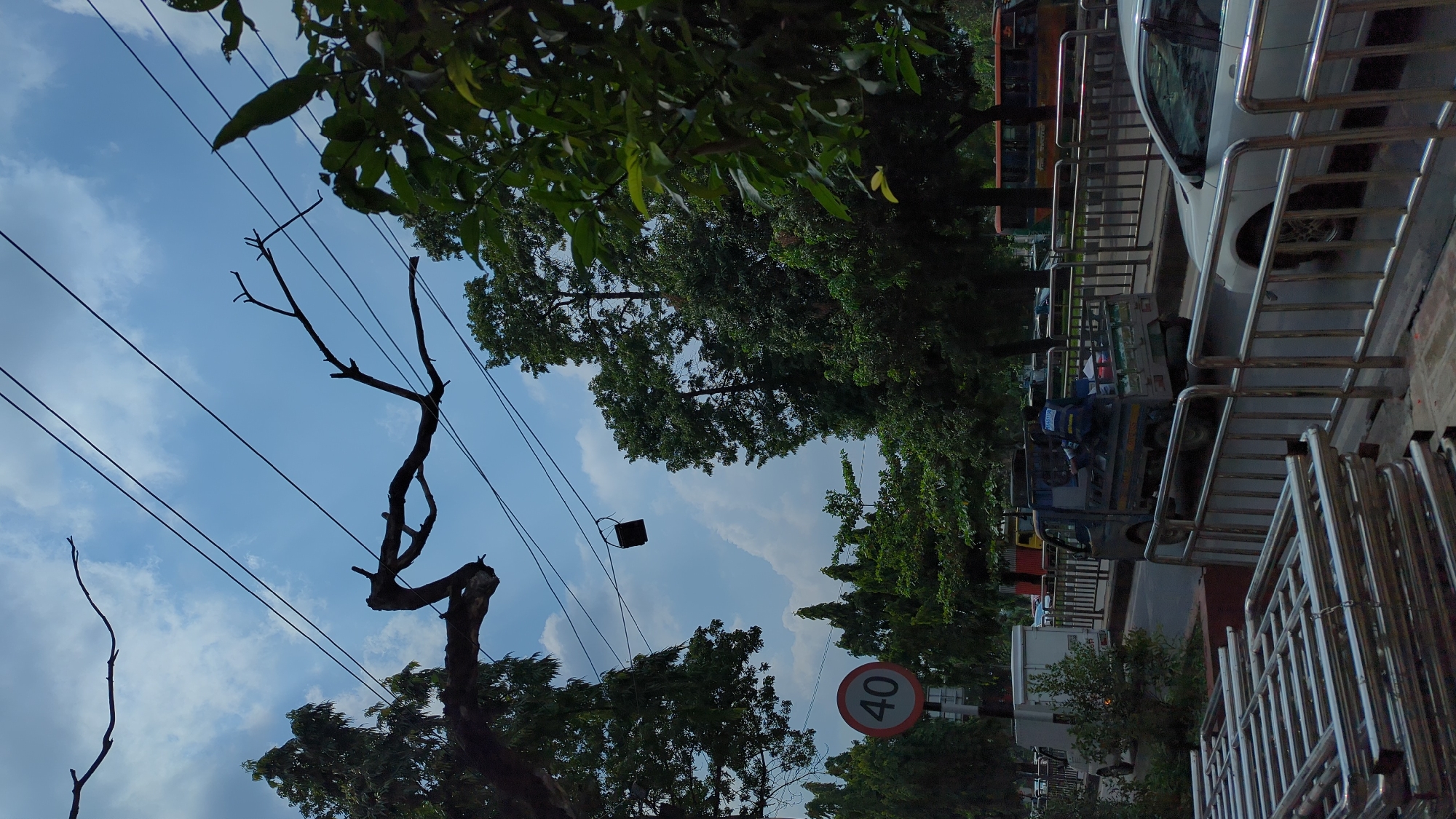 The image shows a street scene in Dhaka, Bangladesh. The view is angled upwards, capturing a slice of the sky with scattered clouds, and electrical wires running diagonally. In the foreground, there's a bare tree branch contrasting with the green foliage of other trees. A "40" speed limit sign is visible, indicating a restriction to 40 kilometers per hour. Alongside the street, there's a metallic fence. A white car is parked next to the fence. In the background, blurred images of trucks, and possibly other vehicles, can be discerned. The overall environment suggests a typical urban street in Dhaka, with trees, infrastructure, traffic, and associated signage.