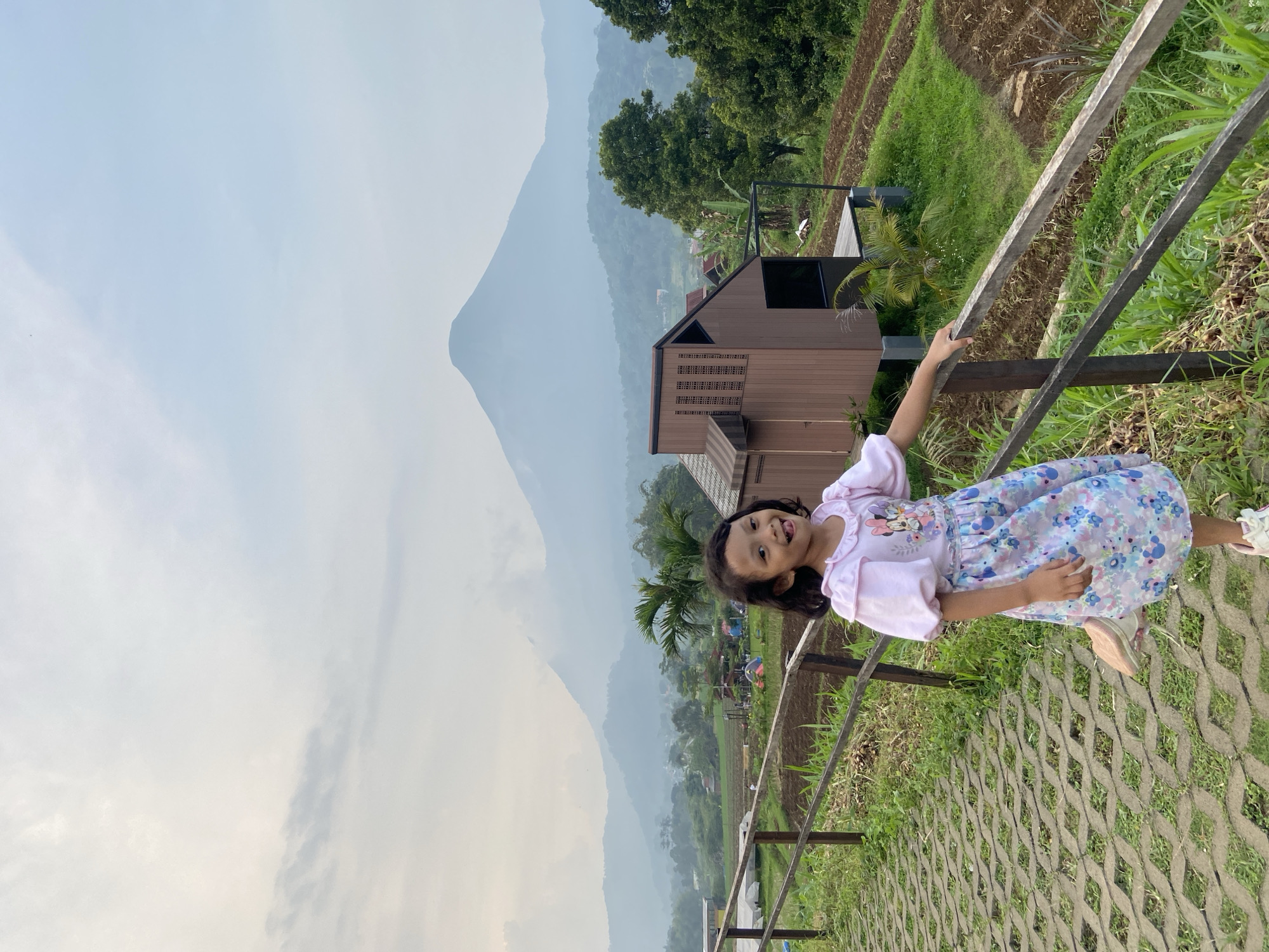 A young girl in a light purple dress is smiling and holding onto a wooden railing. She is standing on a grey patterned stone walkway with grass growing in between the stones. Behind her, there is a brown wooden building, a tropical palm tree, and terraced rice paddies. In the distance, a large mountain is visible through a haze. The location appears to be Tamiajeng, Indonesia, based on the presence of rice paddies and the tropical landscape.