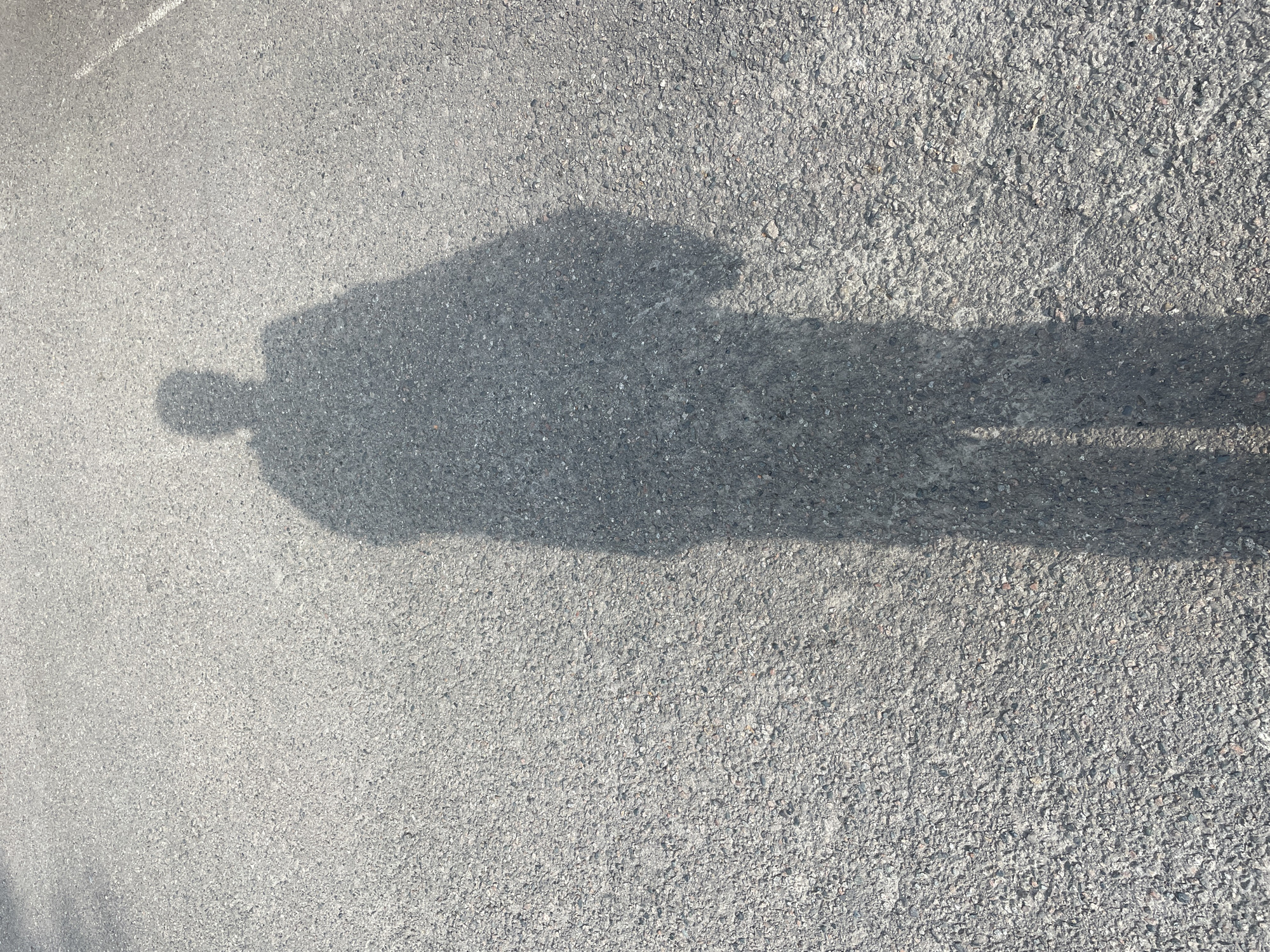 The image shows the shadow of a person standing on an asphalt road. The road appears to be a street or pathway in the city of Almaty, Kazakhstan, given the context provided. The shadow is cast by sunlight, indicating an outdoor setting during the daytime. The asphalt surface is visible, with its characteristic granular texture. No other details about the person or their surroundings are discernible from the shadow alone.