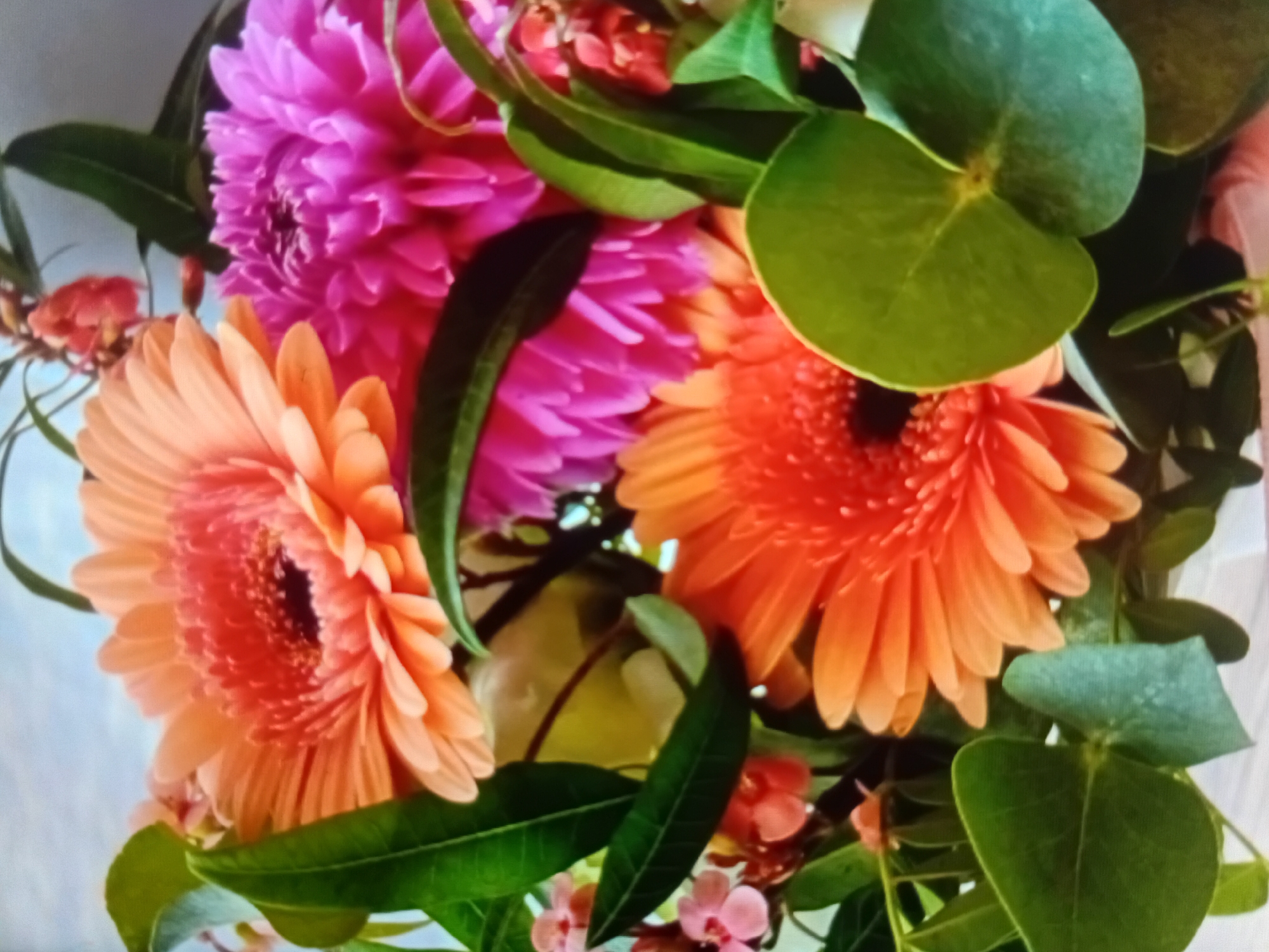 A close-up shot of a bouquet of flowers, featuring gerbera daisies in shades of orange and pink, along with other blossoms and greenery. The bouquet is arranged in a way that fills the frame, with the flowers being the primary focus. The background is softly blurred, suggesting an indoor setting or a shallow depth of field. There are no people or specific identifiable landmarks that would indicate a location in Verkhniachka, Ukraine, or any other city. The image is a still life composition of flowers.