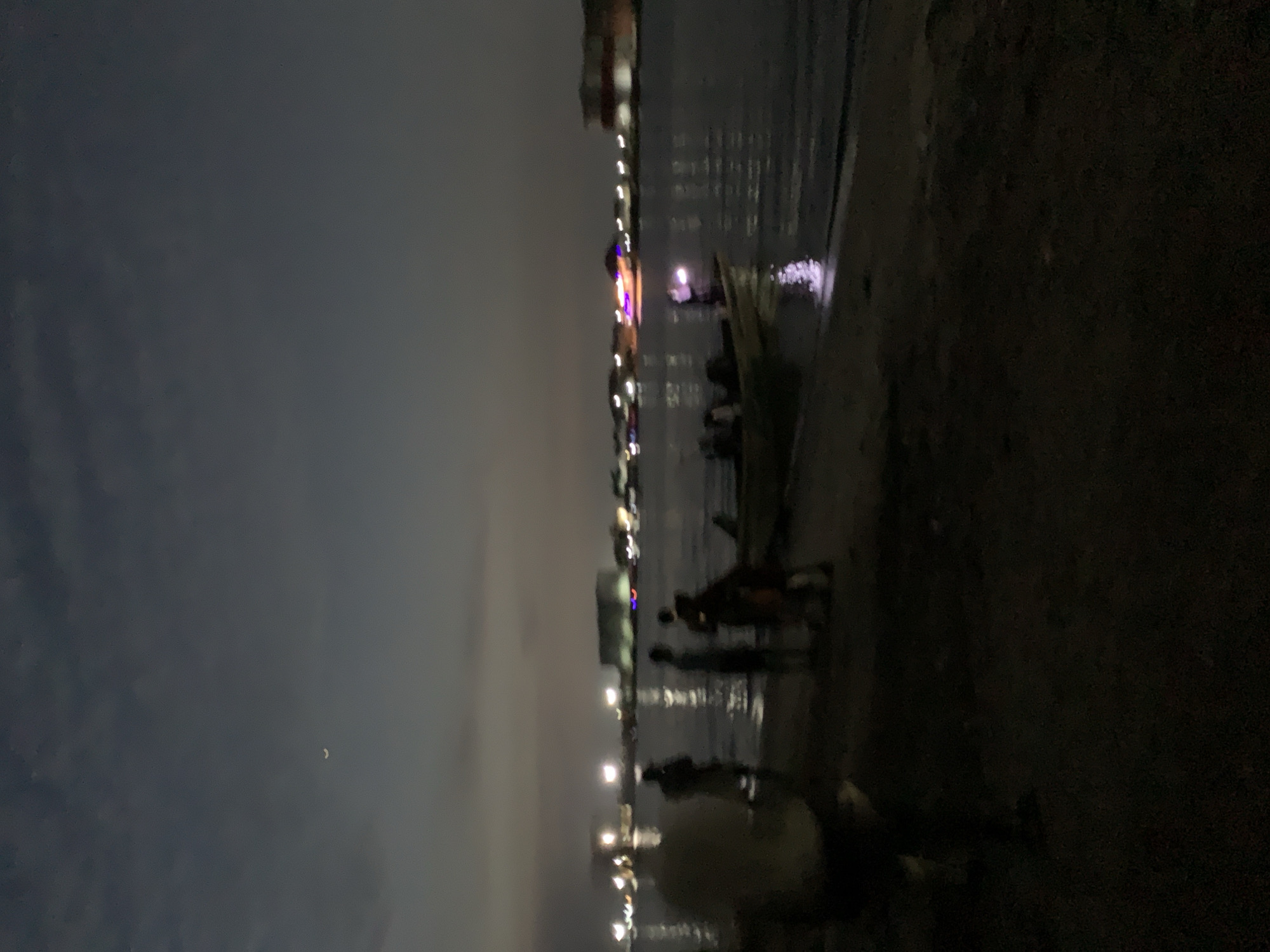 The image depicts a dark, nocturnal scene along a body of water in Ibasa, Nigeria, with the horizon oriented vertically. When viewed in landscape, the top portion reveals a deep, muted gray sky with a distinct, slender crescent moon visible towards the upper left.
Below the sky, a wide expanse of water, likely a river or lagoon, dominates the mid-ground. It reflects numerous artificial lights from a distant shoreline, appearing as elongated blurs and points of varying colors—white, yellow, and hints of purple and blue—suggesting structures or streetlights. Ripples on the water's surface cause these reflections to shimmer.
In the foreground, on what appears to be a dark, earthen bank, several indistinct human figures are visible as dark silhouettes. They are gathered near the water's edge, their features obscured by the low light conditions. Partially visible on the right side of the foreground, close to the people, is a small to medium-sized boat, possibly docked or floating.
The scene conveys a calm and still atmosphere, typical of a night by the water. No specific event or activity is clearly evident beyond people gathering by the shore. There is no visible text in the image.