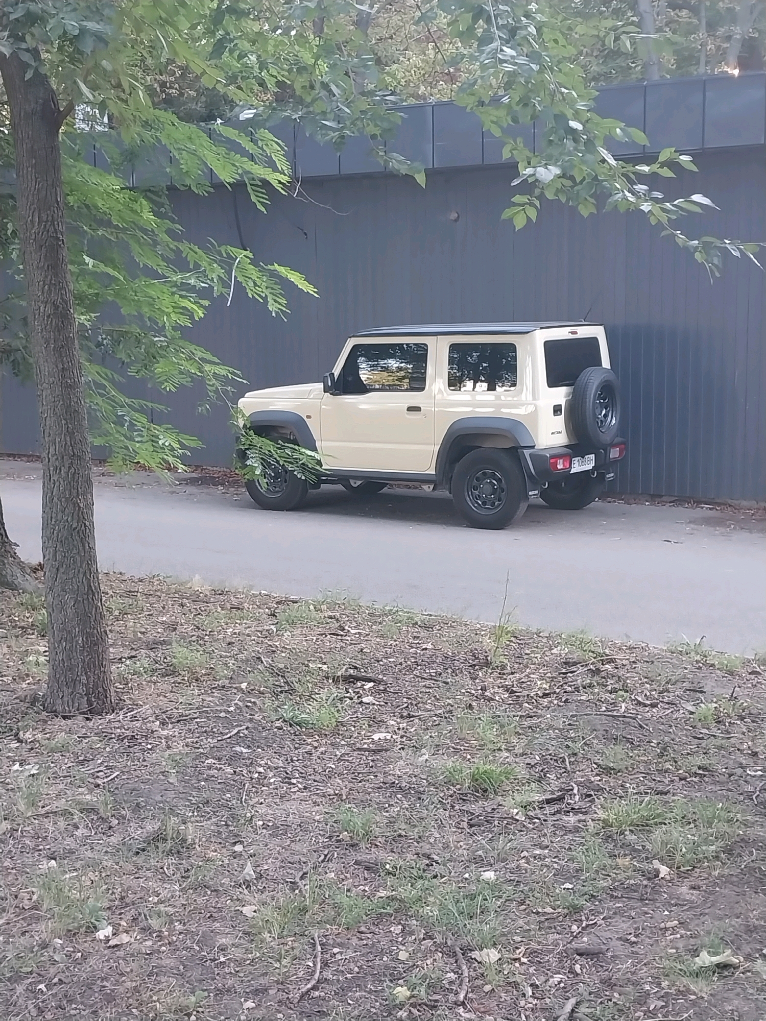 A beige Suzuki Jimny is parked on the side of a paved road in an outdoor setting. The vehicle is facing away from the camera and is positioned parallel to a dark grey, corrugated metal wall. Green foliage from trees overhangs the wall and partially obscures the vehicle. The ground around the road and wall is covered with dry leaves, twigs, and sparse green grass. The scene appears to be in a semi-urban or park-like area. There are no people visible in the image. The license plate of the vehicle is visible and reads "E 1089 BH". The image appears to have been taken in the city of Dnipro, Ukraine.