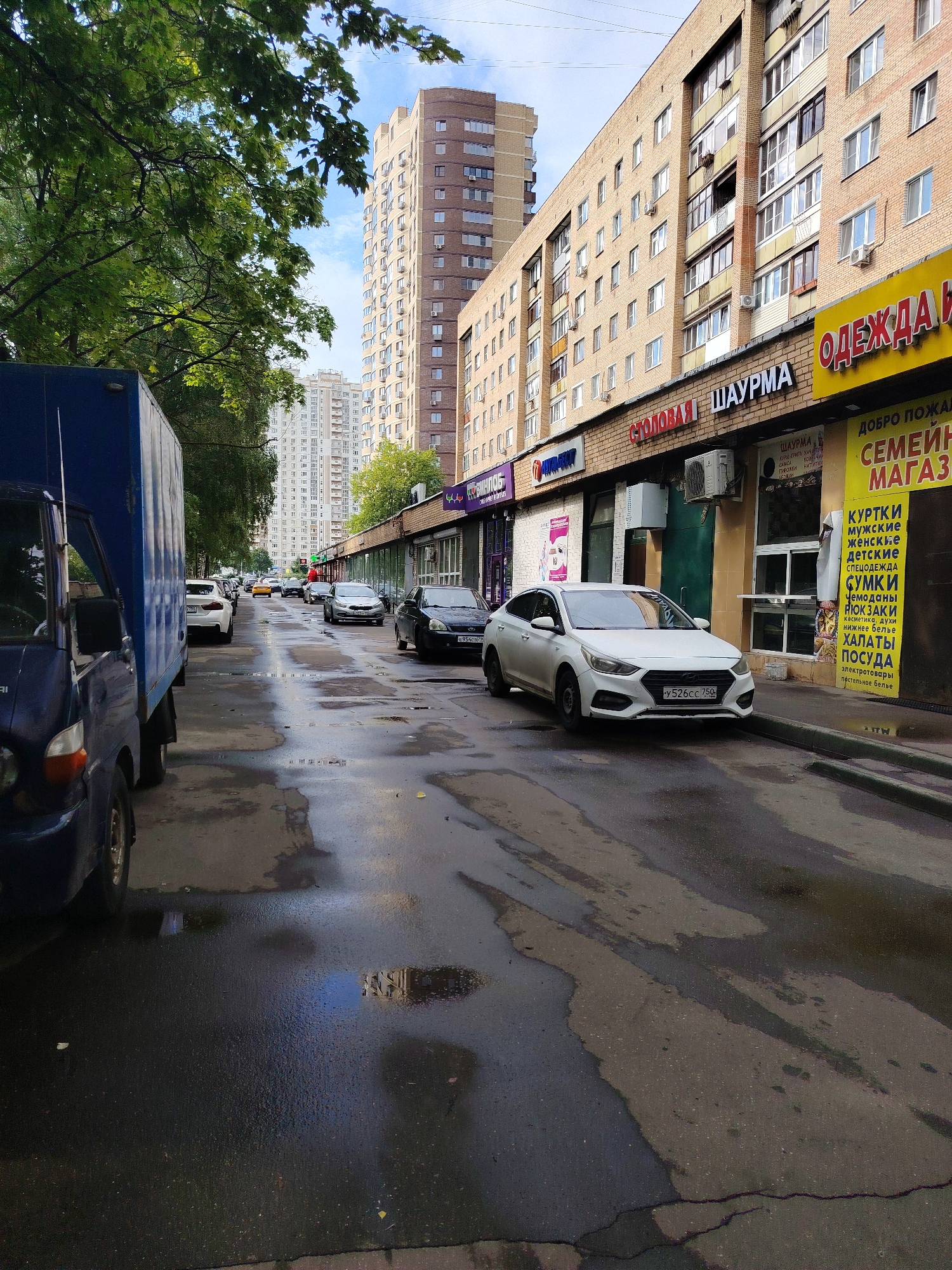 This is a photograph of a street scene in Dolgoprudny, Russia, likely taken on a cloudy or recently rainy day, as evidenced by the wet pavement and puddles. The street is lined with buildings, some of which appear to be multi-story apartment buildings with visible windows and balconies. Several cars are parked along the street or in motion.
In the foreground, on the left side of the image, is the side of a blue delivery truck. To the right of the truck, parked closer to the curb, is a white sedan. Further down the street, more vehicles are visible.
The buildings on the right side of the street feature storefronts with signage. One prominent yellow sign with red lettering reads "ОДЕЖДА" (Odezhda), meaning "Clothing." Below this, a sign lists various items for sale, including "КУРТКИ МУЖСКИЕ," "ЖЕНСКИЕ," and "ДЕТСКИЕ," indicating men's, women's, and children's jackets, among other goods like underwear, cosmetics, and home textiles. Other signs visible on the buildings include "СТОЛОВАЯ" (Stolovaya), meaning "Canteen" or "Cafeteria," and "ШАУРМА" (Shawarma).
Trees with green foliage are visible on the left side of the street, casting shadows on the wet pavement. The sky is partially visible and appears to be overcast. The overall impression is that of a typical urban street in a residential and commercial area.