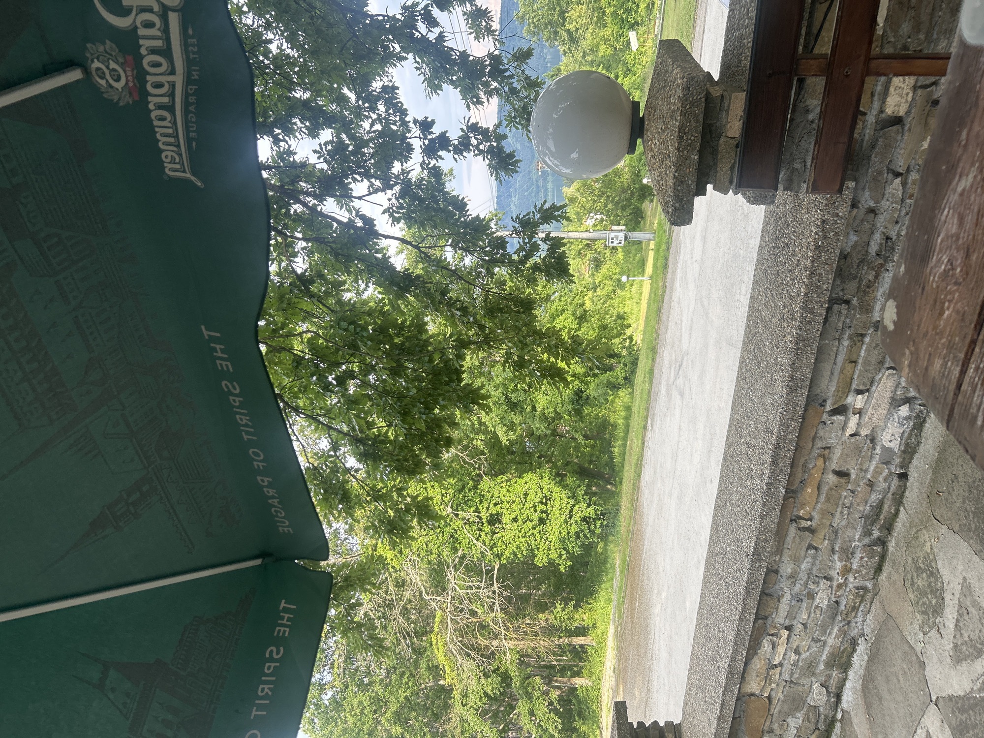 The image displays an outdoor scene, likely a terrace or viewpoint, overlooking a lush, forested valley in Sushina, Bulgaria. The perspective is from under a large green outdoor umbrella, which occupies the left side of the frame.
On the underside of the umbrella, reversed white text is prominently visible. It reads "Carlsberg" along with an emblem featuring a crown and the year "1847". Below this, the phrase "THE SPIRIT OF PRAGUE" is also discernable, indicating the umbrella's branding.
To the right, a spherical white outdoor light fixture is mounted on a stone and concrete pillar. Adjacent to this, a rustic stone wall with a concrete cap forms the boundary of the viewing area, with parts of a dark wooden bench or railing visible further to the right.
Beyond the terrace, a paved or concrete surface stretches into the middle ground. The background is dominated by a dense expanse of green trees and foliage, characteristic of a natural, hilly or mountainous region. In the distance, layers of hills or mountains recede under a bright, clear sky. A faint, distant structure, possibly a power line tower or similar utility pole, can be seen amidst the trees in the valley.
The scene appears to be set during daytime with clear weather, suggesting good visibility. No people are visible. The overall impression is one of a serene and natural setting, offering a pleasant view of the Bulgarian countryside.