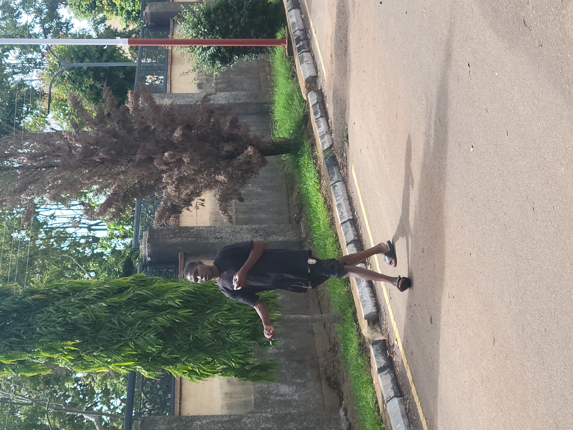 In Jos, Nigeria, a young man walks along a paved road bordered by a curb and a grassy area. He is wearing a black t-shirt and black shorts. He holds a small object in his right hand and another in his left hand. In the background, there are two trees, one tall and green, and another dried and brown, as well as a wall and some foliage. A red and white pole stands to the right of the scene.