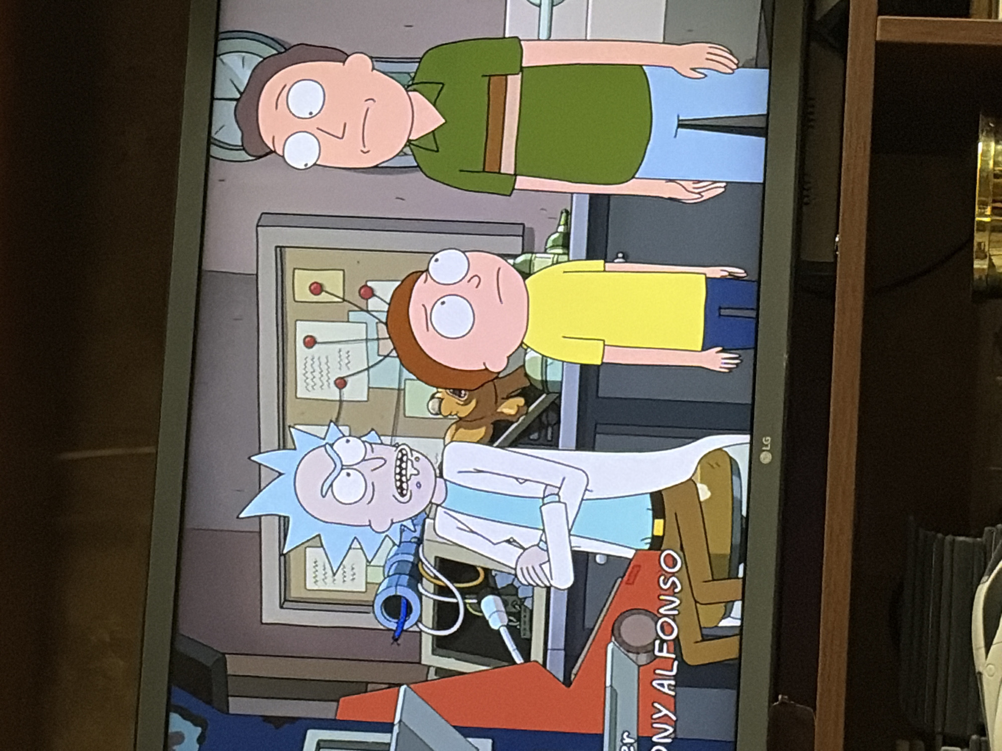 The image displays a television screen showing an animated scene from the show "Rick and Morty." Three animated characters are visible: Rick Sanchez, a middle-aged man with blue spiky hair, wearing a lab coat over a light blue shirt and brown pants; Morty Smith, a young boy with brown hair, wearing a yellow t-shirt and blue pants; and Jerry Smith, a middle-aged man with brown hair, wearing a green and brown striped shirt and blue pants. Rick is standing with his arms crossed and a stern expression. Morty is looking up with a concerned expression. Jerry is looking forward with a neutral expression. The background appears to be a laboratory or workshop, with scientific equipment and charts visible. Below the animated characters, text on a banner reads "TONY ALFONSO." The bottom of the television screen shows the LG logo. The television is placed on a wooden shelf, below which another wooden shelf is visible, and a stack of media cases.