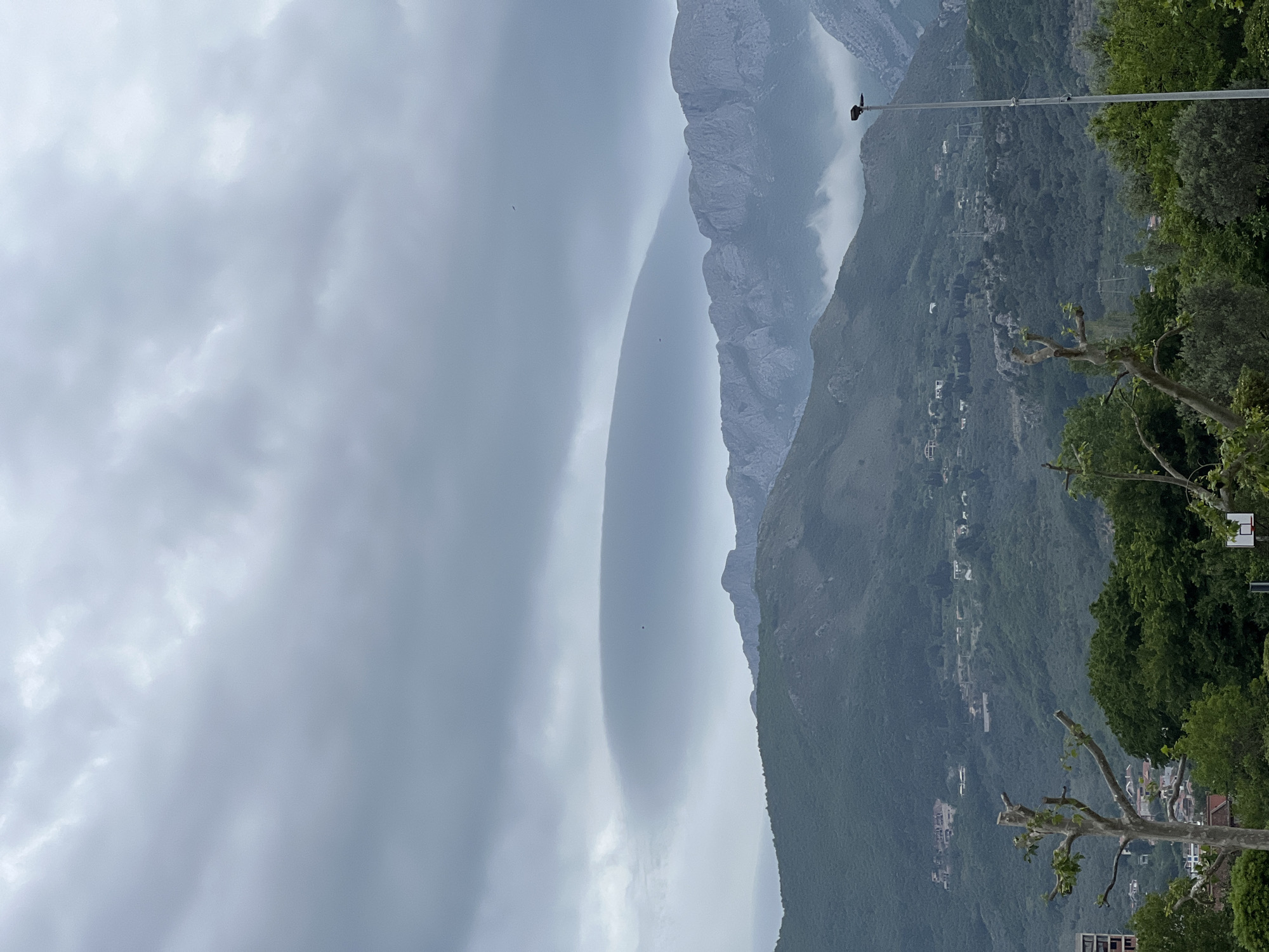 The image depicts a mountainous landscape in Bar, Montenegro, likely near the coast. The sky is heavily overcast with thick, gray clouds. Prominent mountains dominate the scene, with the nearest slopes covered in dense green vegetation interspersed with buildings. Further back, taller, craggier peaks are partially obscured by mist or low-hanging clouds. A tall utility pole topped by a bird can be seen. In the foreground, tree branches with fresh green foliage hint at the location.