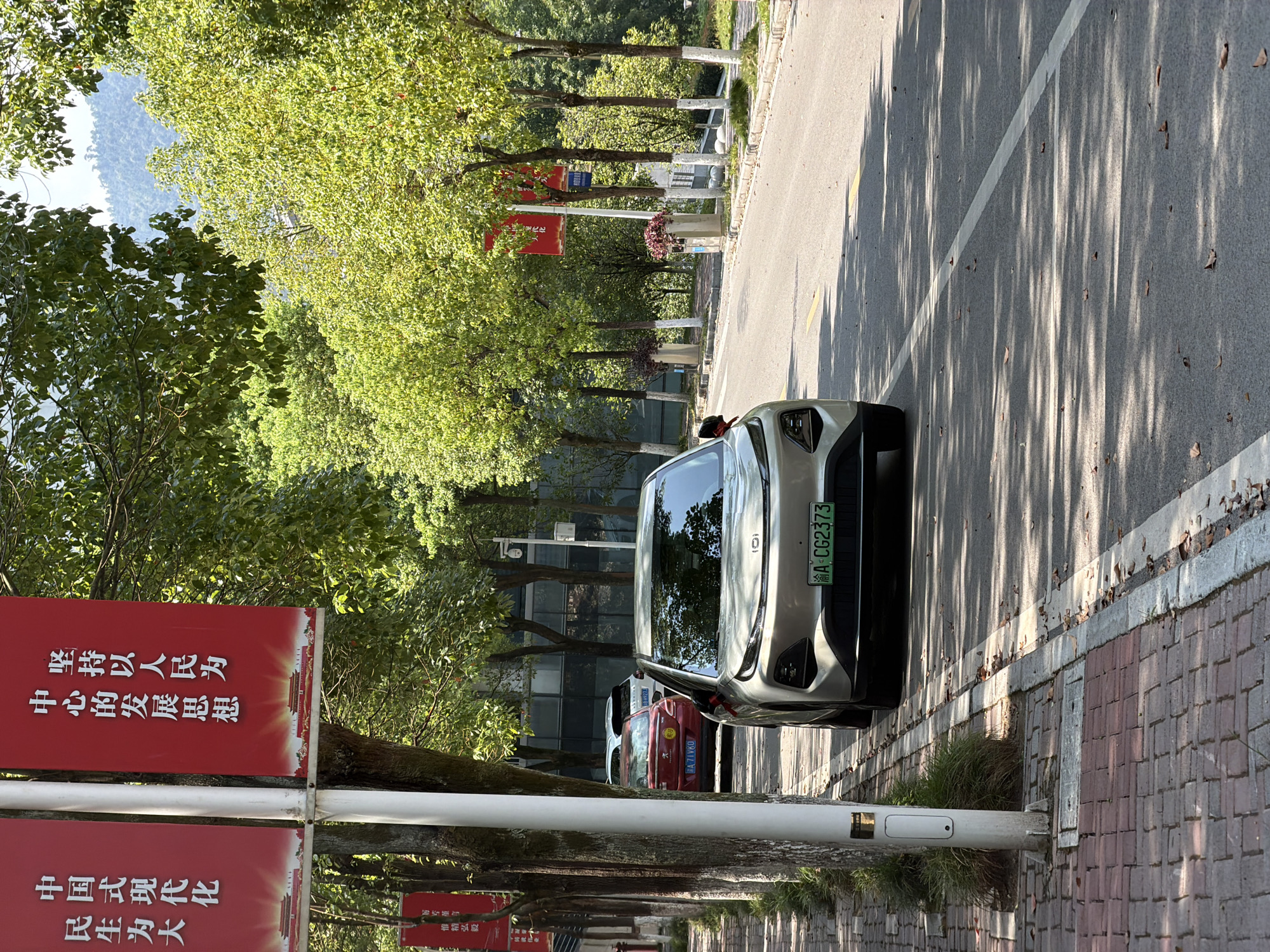 The image shows a tree-lined street in Jiangjin, China, on a sunny day. Several cars are parked along the side of the road, and a pedestrian walkway made of red bricks is visible in the foreground. Red banners with Chinese characters hang from poles along the street. The banners appear to be decorative or informational. One banner reads "坚持以人民为中心的发展思想" which translates to "Adhere to the people-centered development philosophy." Another banner reads "中国式现代化" which translates to "Chinese-style modernization." The road is paved with asphalt and marked with yellow and white lines. Trees with lush green leaves provide shade over the street and walkway. In the background, a mountain can be seen under a clear sky. The overall impression is one of a well-maintained and peaceful urban environment.