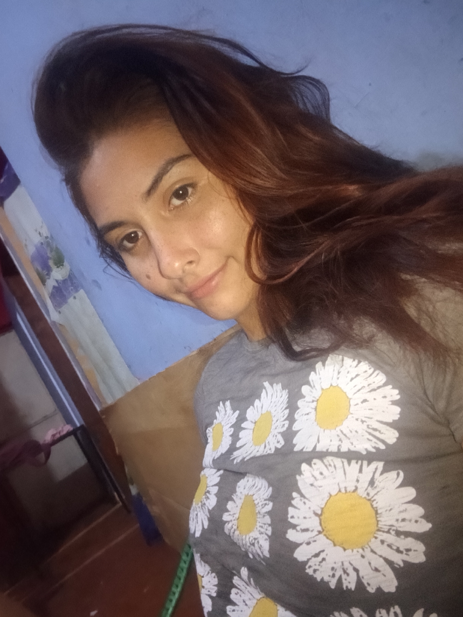 The image shows a woman with light brown hair wearing a gray shirt with a daisy pattern. She is indoors with a light blue wall in the background. No specific location details within Juan Griego, Venezuela are identifiable from the image.