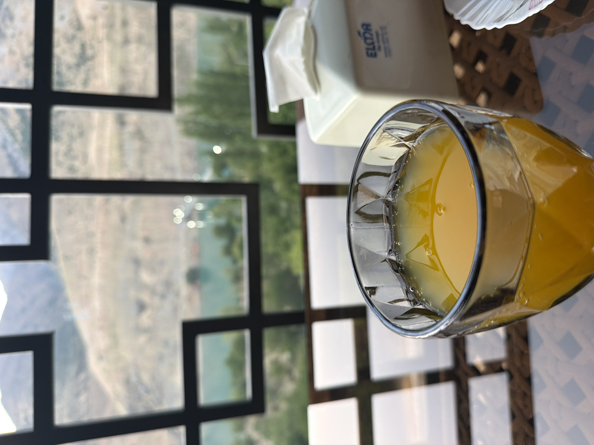 A close-up shot captures a glass of orange juice on a table with a patterned surface. In the background, through a window with a geometric frame, a body of water is visible, surrounded by green trees and distant hills under a hazy sky. A white tissue box with the brand name "ELDA" is placed on the table to the right of the juice glass. The overall scene suggests an outdoor or indoor setting with a view of a natural landscape. The location is identified as Nanay, Uzbekistan.