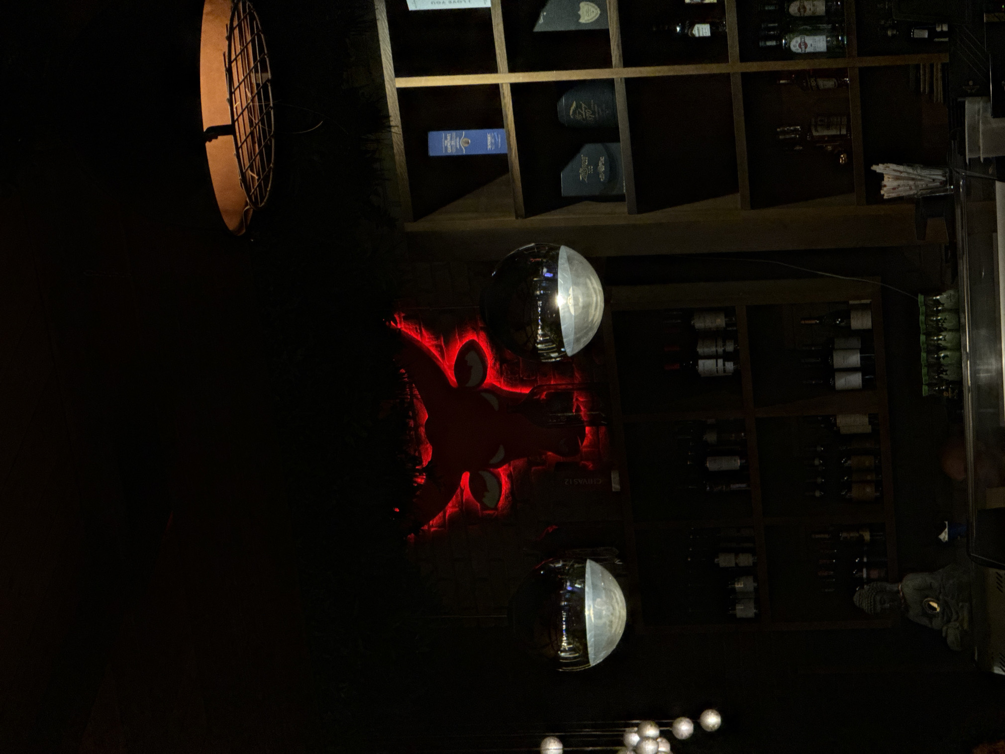 A dark, dimly lit bar setting in Plovdiv, Bulgaria, features a red neon outline of a dragon mounted on a wall. Below the dragon is a string of globe lights. Above the dragon, two disco balls are suspended, and a shelf filled with liquor bottles is visible to the side. A decorative grill adorns the far left. The lighting suggests a relaxed or entertainment-oriented atmosphere.