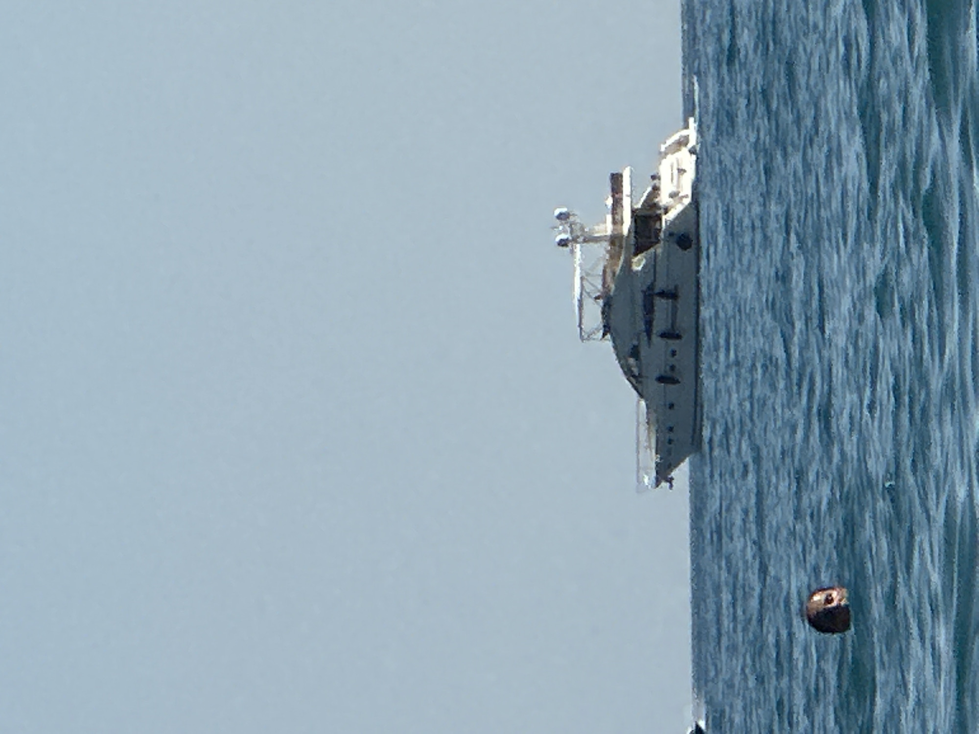 In the waters off the coast of Rafailovići, Montenegro, a person's head is visible above the surface of the blue sea, with a white yacht sailing in the background under a clear, pale blue sky. The yacht, with multiple decks and windows, is positioned to the right of the frame, moving away from the viewer. The water is moderately choppy.