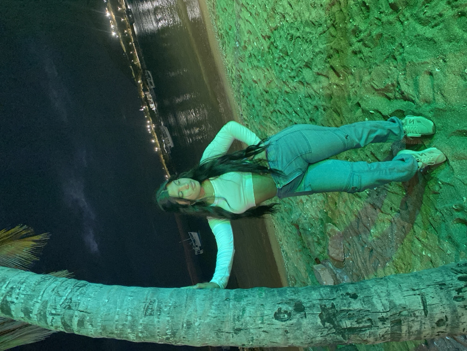 A young woman reclines on a tree branch at night, overlooking a beach. She wears a white crop top, long-sleeved shirt, blue jeans, and sneakers. In the background, lights line the shore, and a boat is visible on the dark water. The tree branch and the ground near her feet are illuminated with a green light. The overall scene suggests a tropical location at night.