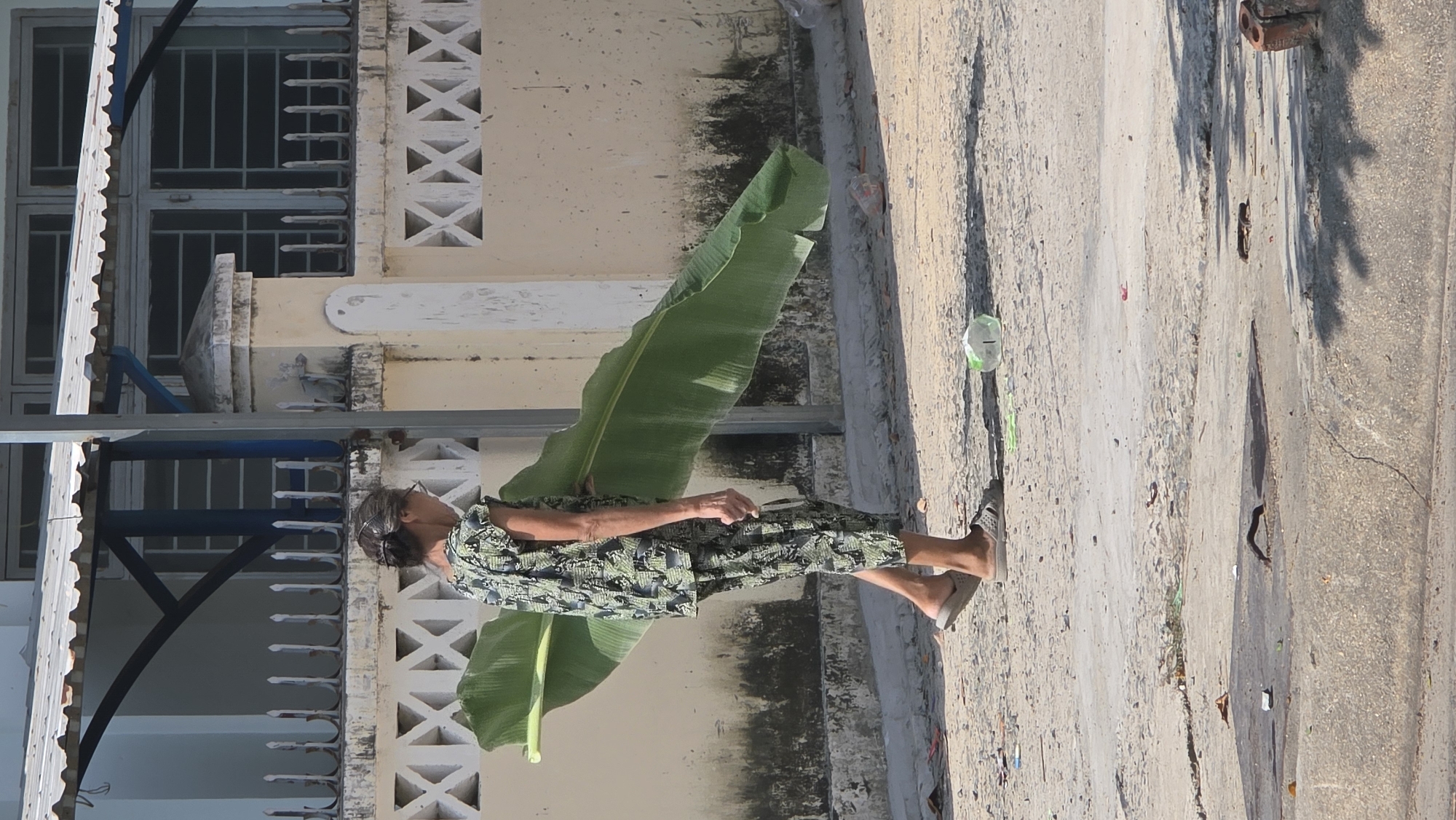 An elderly Asian woman, wearing glasses and patterned pajamas and sandals, stands on a concrete sidewalk in what appears to be Bắc Nha Trang, Vietnam. She holds a large green banana leaf, possibly using it for food preparation. The setting includes a weathered building with barred windows and deteriorating paint. The sidewalk has scattered debris.