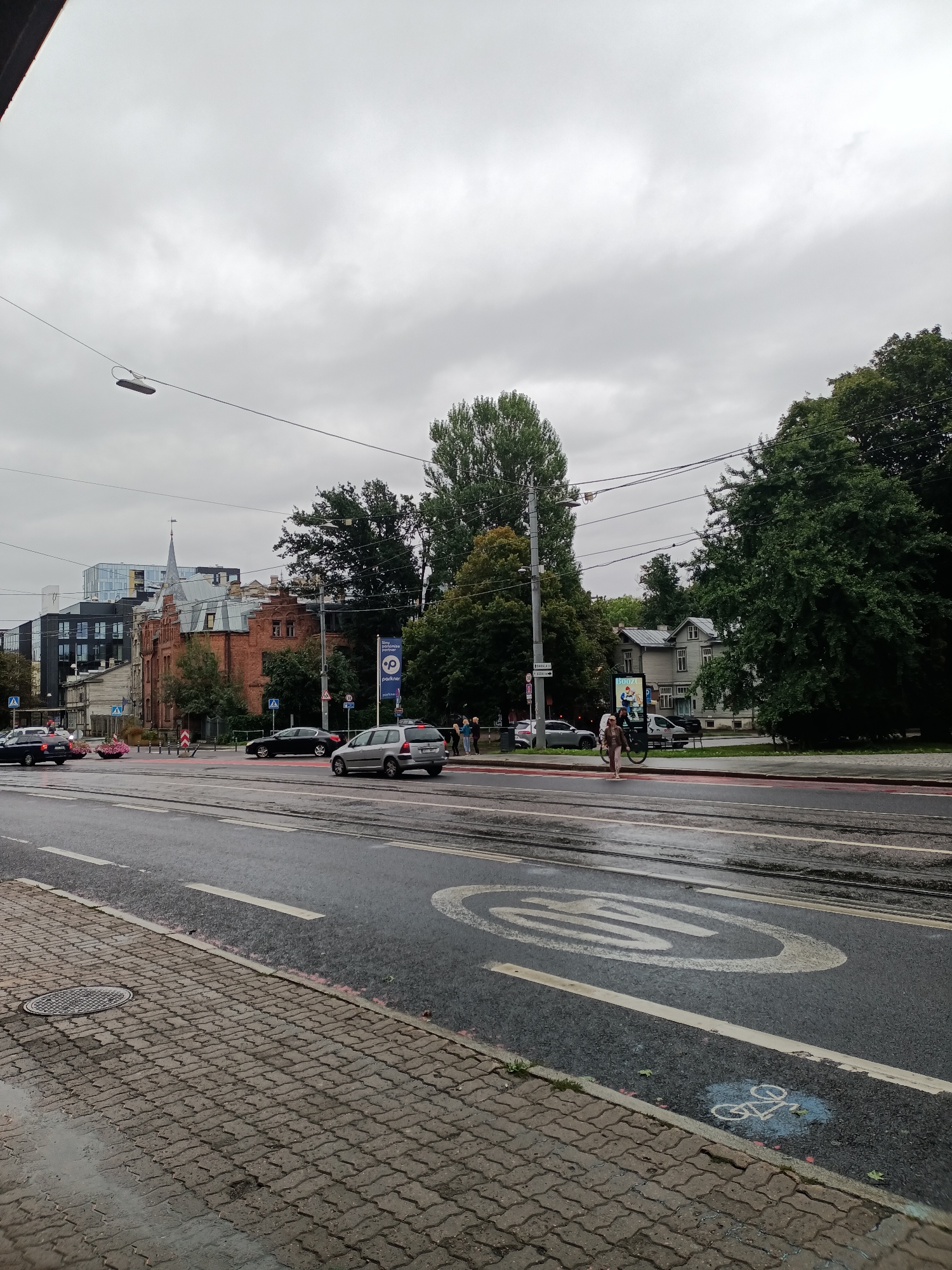 A street scene in Tallinn, Estonia, features a cloudy sky and wet asphalt road. A pedestrian crosses the street, while cars drive by. The sidewalk is paved with interlocking bricks, and a speed limit sign is visible on the road. Buildings line the street, including a brick building with a spire and modern glass-fronted buildings. Trees are scattered throughout the scene, with one large tree dominating the right side of the image. A tram track runs along the road. A bicycle lane is marked on the road.