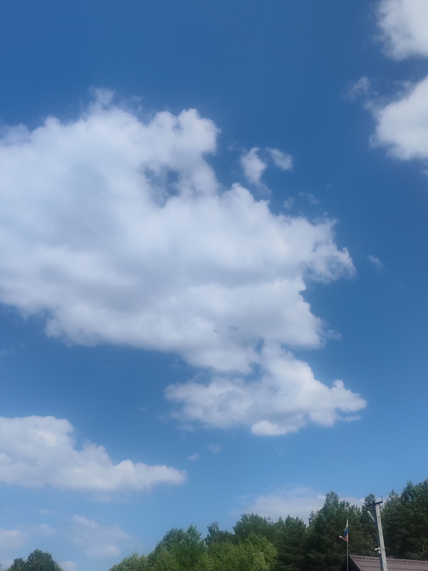 The image shows a view of the sky in Chaikovsky, Russia. The sky is blue with scattered white cumulus clouds. The tops of green trees are visible along the bottom edge of the image. A utility pole with a Russian flag is present in the lower right corner, and the corner of a brown roof is visible below the flag.
