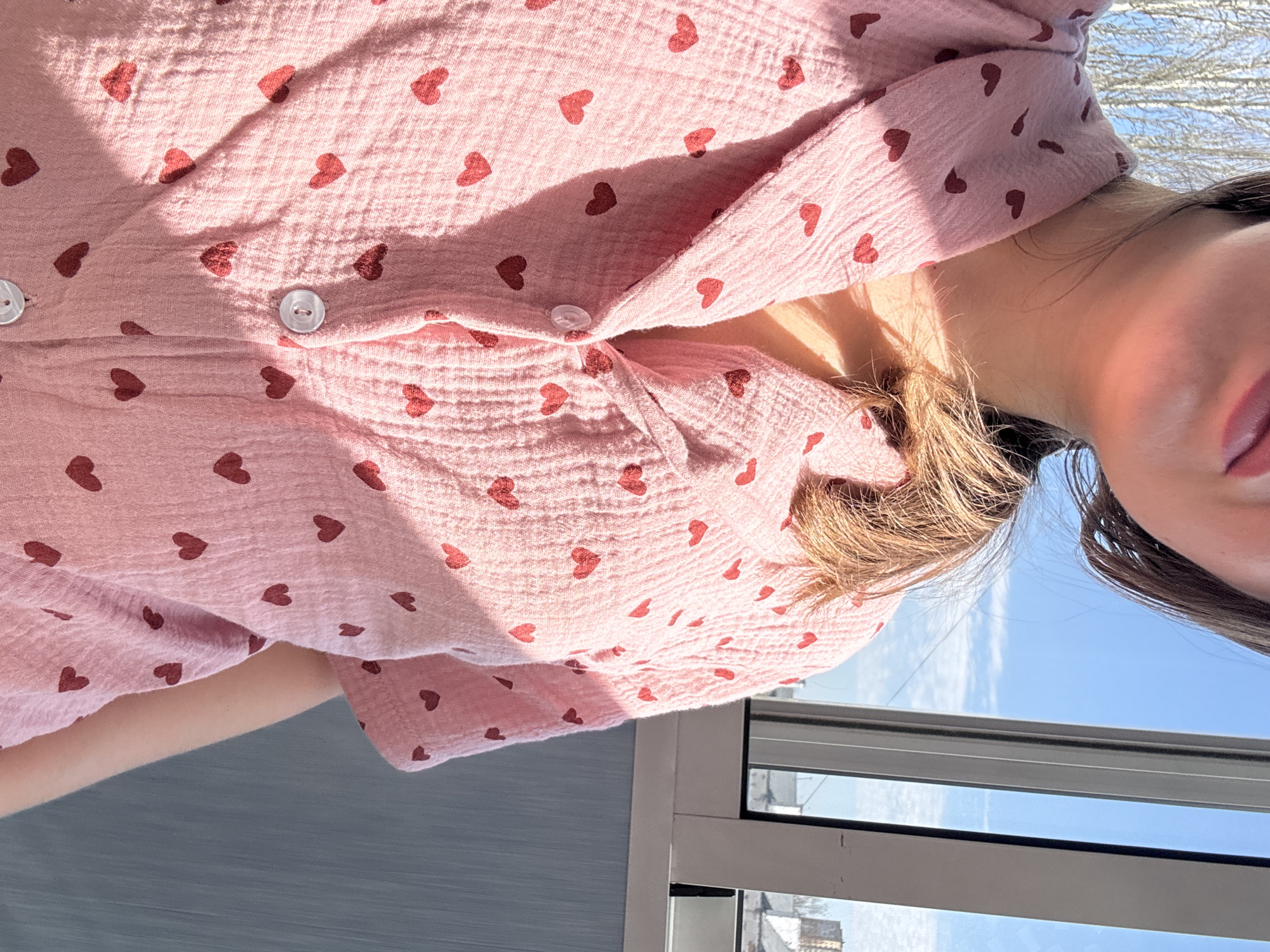 A close-up, medium shot shows a person in a pink blouse with red hearts. The blouse is partially buttoned. Part of the person's face, including their mouth and part of their cheek, is visible. Their hair is brown with some lighter strands. A window with a view of the sky is visible in the background. The city of Orekhovo-Zuyevo, Russia, is not evident in the scene.