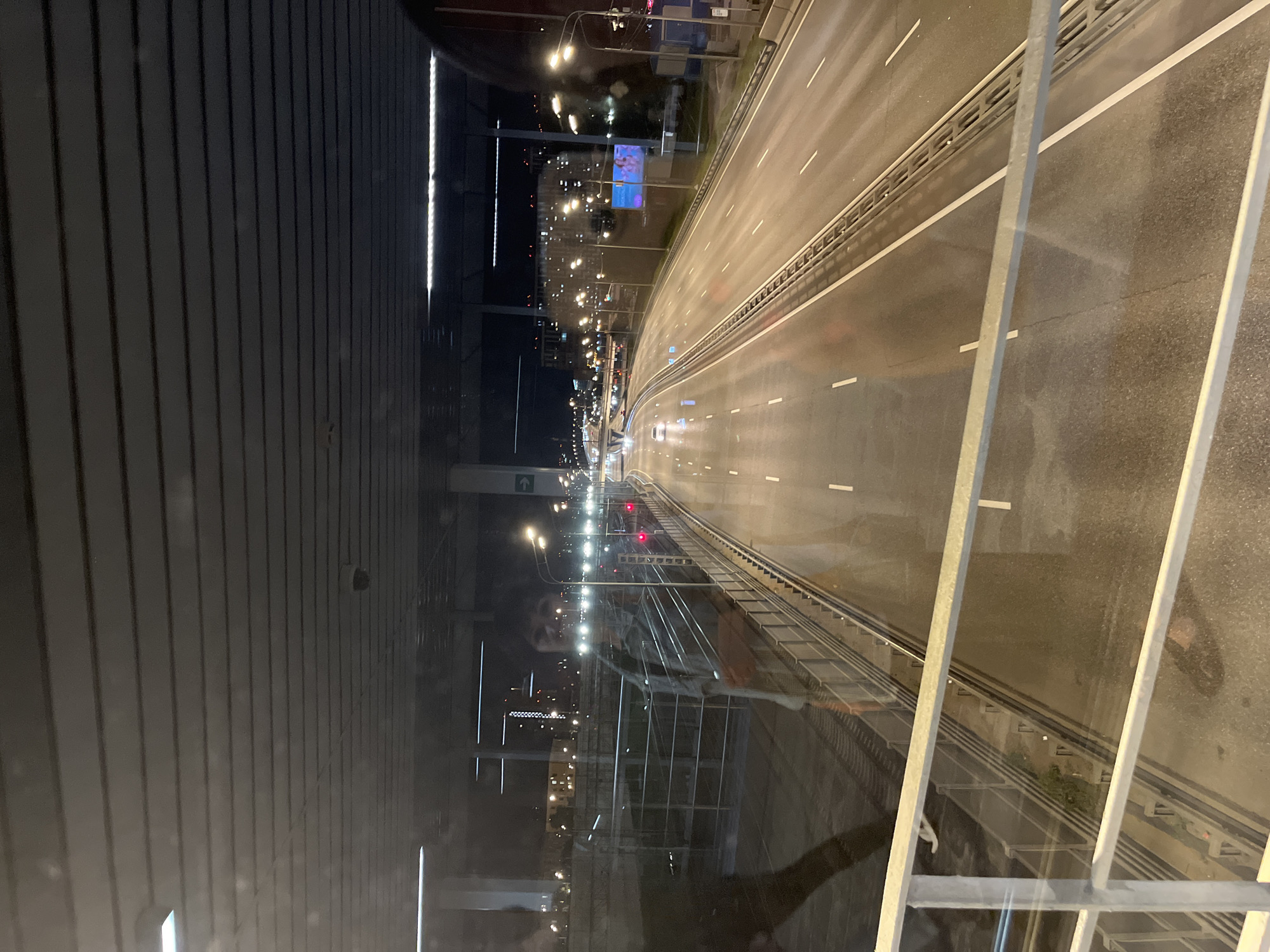 A nighttime, high-angle view looks out over a multi-lane highway in Moscow, Russia. The highway is illuminated by streetlights and is wet, suggesting recent rain. There are few vehicles visible on the road. In the foreground, a metal railing suggests the vantage point is from an elevated walkway or bridge. The surrounding environment shows buildings with illuminated windows and a reflection of a person in the glass of the walkway.