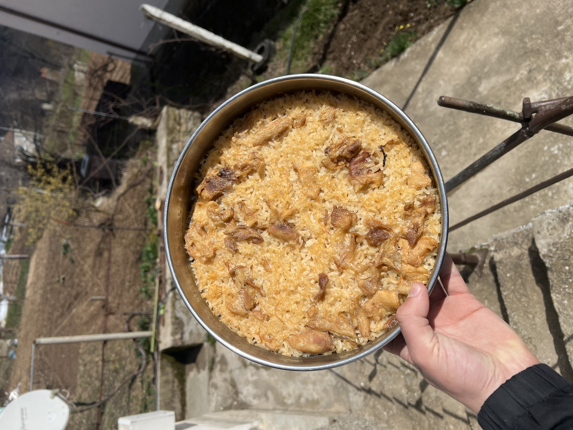 A human hand, with light skin tone and a black long-sleeved garment visible on the wrist, is centered in the lower portion of the image, holding a round, shallow metal pan. The pan contains a prepared dish consisting primarily of light yellowish-brown rice intermixed with numerous irregular pieces of darker brown, cooked meat, possibly chicken or pork, some exhibiting crispy or rendered fat. The scene is outdoors under direct sunlight, evidenced by harsh shadows cast on the concrete steps and ground surface immediately below the pan.
In the mid-ground, a sparse, dry garden or yard area is visible, with light brown soil, some patches of green vegetation, and leafless tree branches. Concrete structures, resembling low walls or foundations, are present. To the left, a portion of a white building or structure is visible, likely connected to the steps. A white satellite dish, emblazoned with the Cyrillic text "БУЛСАТКОМ" (Bulsatcom), is mounted on a pole or structure in the upper left background. Further in the background, a distant light-colored building is discernible amidst bare trees and what appears to be uneven, hilly terrain. A weathered metal support structure, possibly a tripod, is partially visible on the concrete surface in the lower right foreground. The overall environment suggests a rural or semi-rural setting in Sedlartsi, Bulgaria.