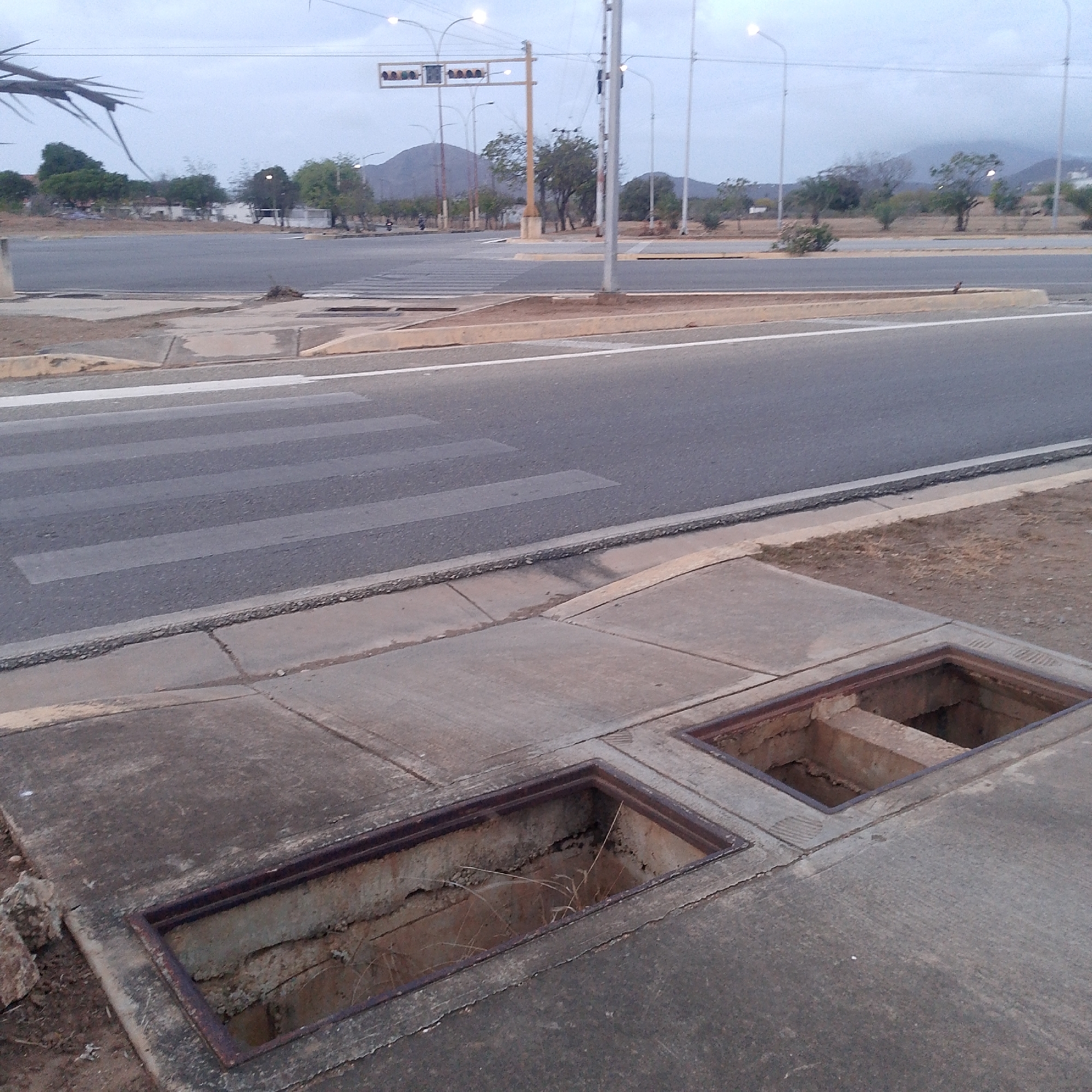 The image shows an urban scene in Altagracia, Venezuela. The foreground features two open, rectangular manholes with metal frames set into a concrete sidewalk. The openings reveal an interior of bare earth and concrete supports. Behind the sidewalk is an asphalt road with a pedestrian crosswalk. In the distance, there is a wide road with multiple lanes, street lights, and traffic signals. There are scattered trees and low vegetation along the roadside. In the far background, there is a mountain range under an overcast sky. No people are visible in the image.