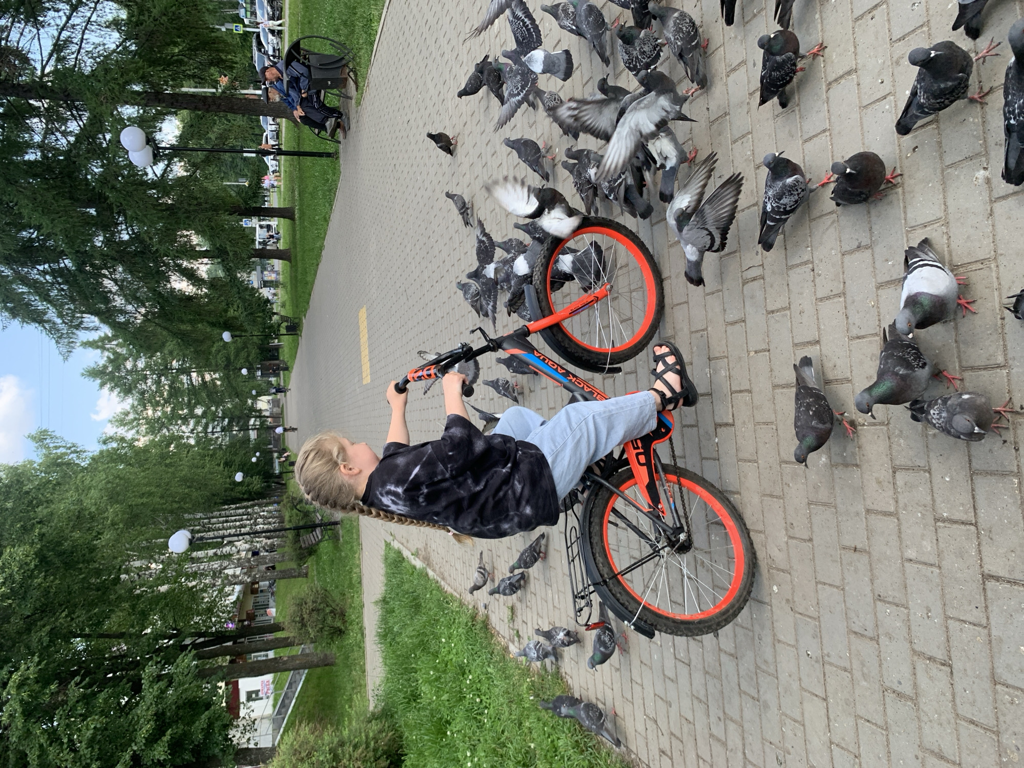 In Chaikovsky, Russia, on a paved pedestrian path lined with trees and streetlights, a young girl with blonde hair braided down her back rides a bicycle. She wears a black tie-dye shirt and light blue jeans, with black sandals. Her bicycle is black with orange accents on the wheels and frame. A large flock of pigeons congregates on the path around her, some in flight, others walking. In the background, two men sit on a park bench, and other pedestrians and vehicles are visible on a street beyond a grassy area.