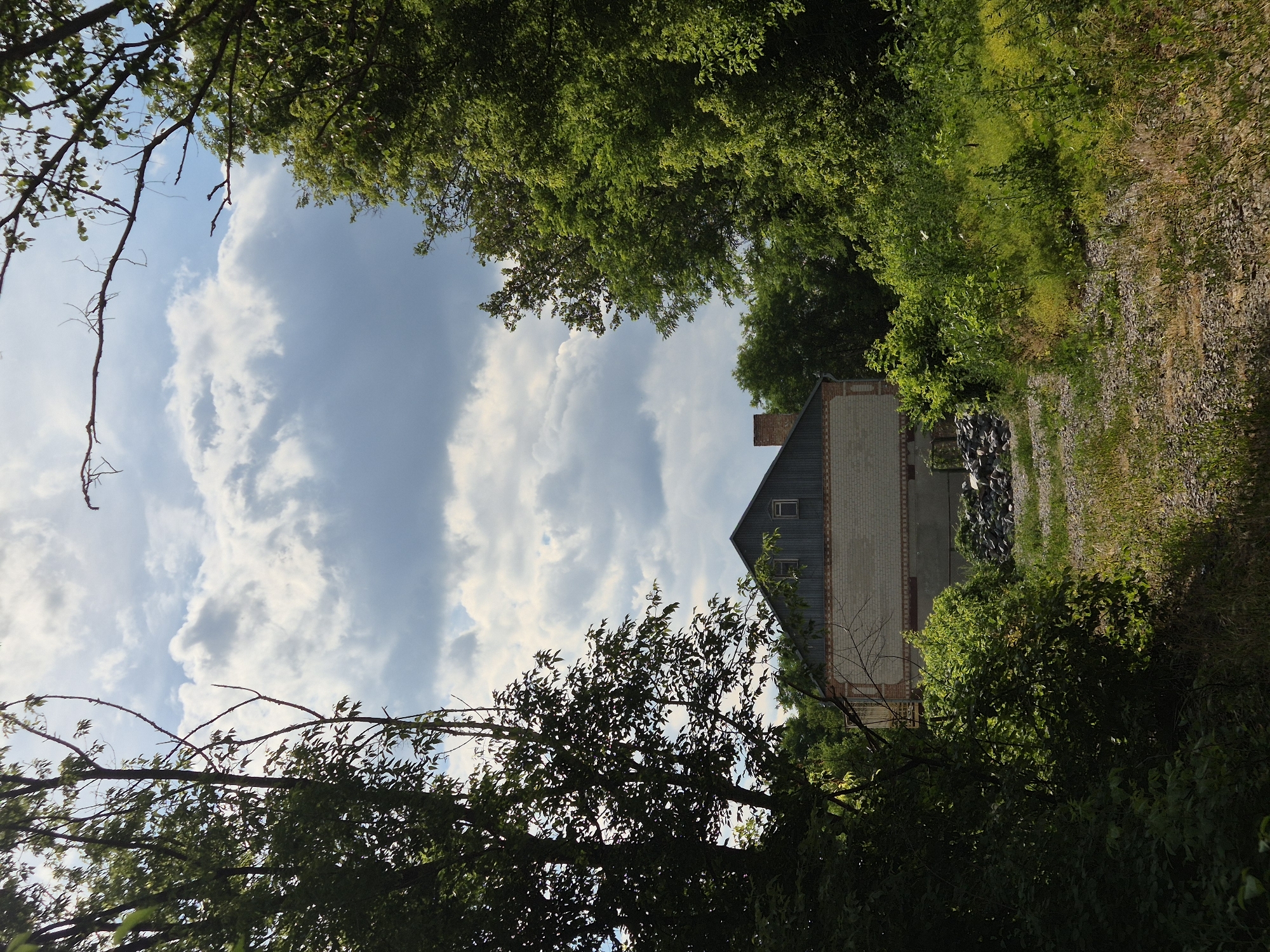 This vertical, medium-shot photograph depicts a partially obscured building nestled amongst dense greenery. The building, made of light-colored brick and topped with a dark, sloped roof, has a prominent brick chimney. A stack of dark, irregularly shaped objects, possibly refuse or building materials, sits near the side of the structure. The scene is framed by lush trees with vibrant green leaves, their branches reaching into the frame, creating a natural canopy. A gravel path or driveway runs alongside the building and into the overgrown vegetation.
The sky above is a mix of blue and white, with scattered cumulus clouds. The lighting suggests it is daytime, likely late afternoon given the gentle shadows. The overall mood is tranquil and somewhat overgrown, hinting at a rural or semi-rural setting. The location is identified as Sozonivka, Ukraine. There is no visible text within the image.