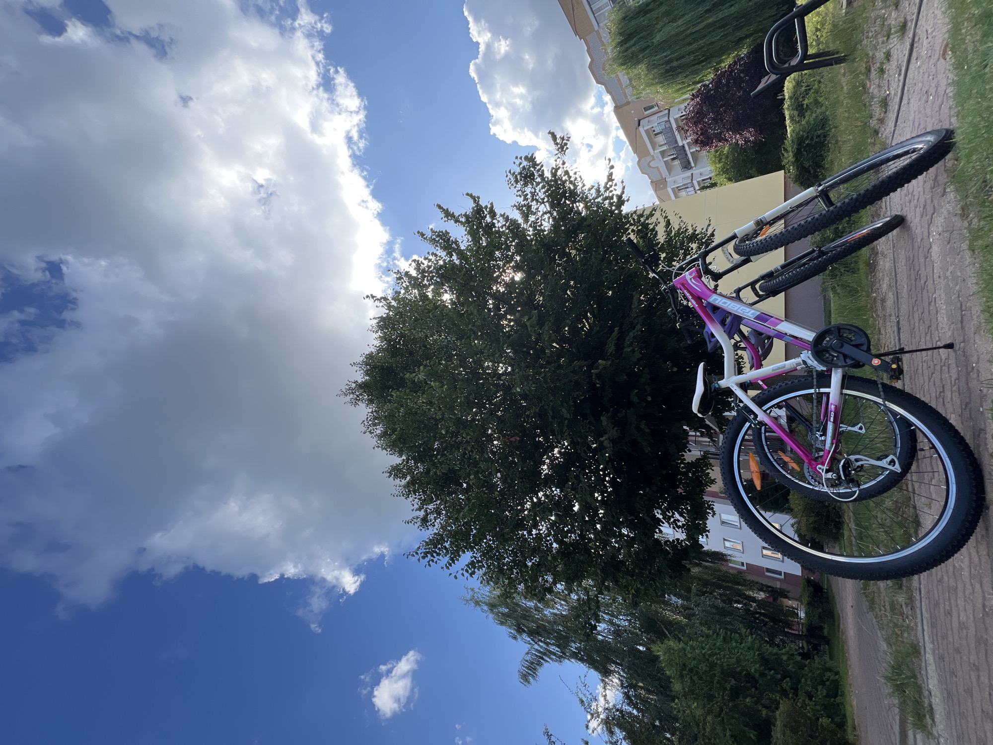 Two bicycles, one predominantly white with pink accents and another black, are leaning against each other on a brick-paved path in front of a lush green tree. The bicycles are positioned to the right of the frame, with their wheels pointing towards the foreground. Behind the tree, a multi-story apartment building with a light yellow facade and white accents is visible. To the right of the apartment building, a weeping willow tree with its branches cascading downwards is present, and further to the right, a black metal park bench is situated on a grassy area. The sky above is a vibrant blue, dotted with large, fluffy white clouds, with some clouds appearing more grey and dense on the right side, suggesting potential for rain. The overall scene depicts an outdoor urban setting in Kleosin, Poland, likely a residential area given the apartment building and park elements. There are no people or animals visible in the image.