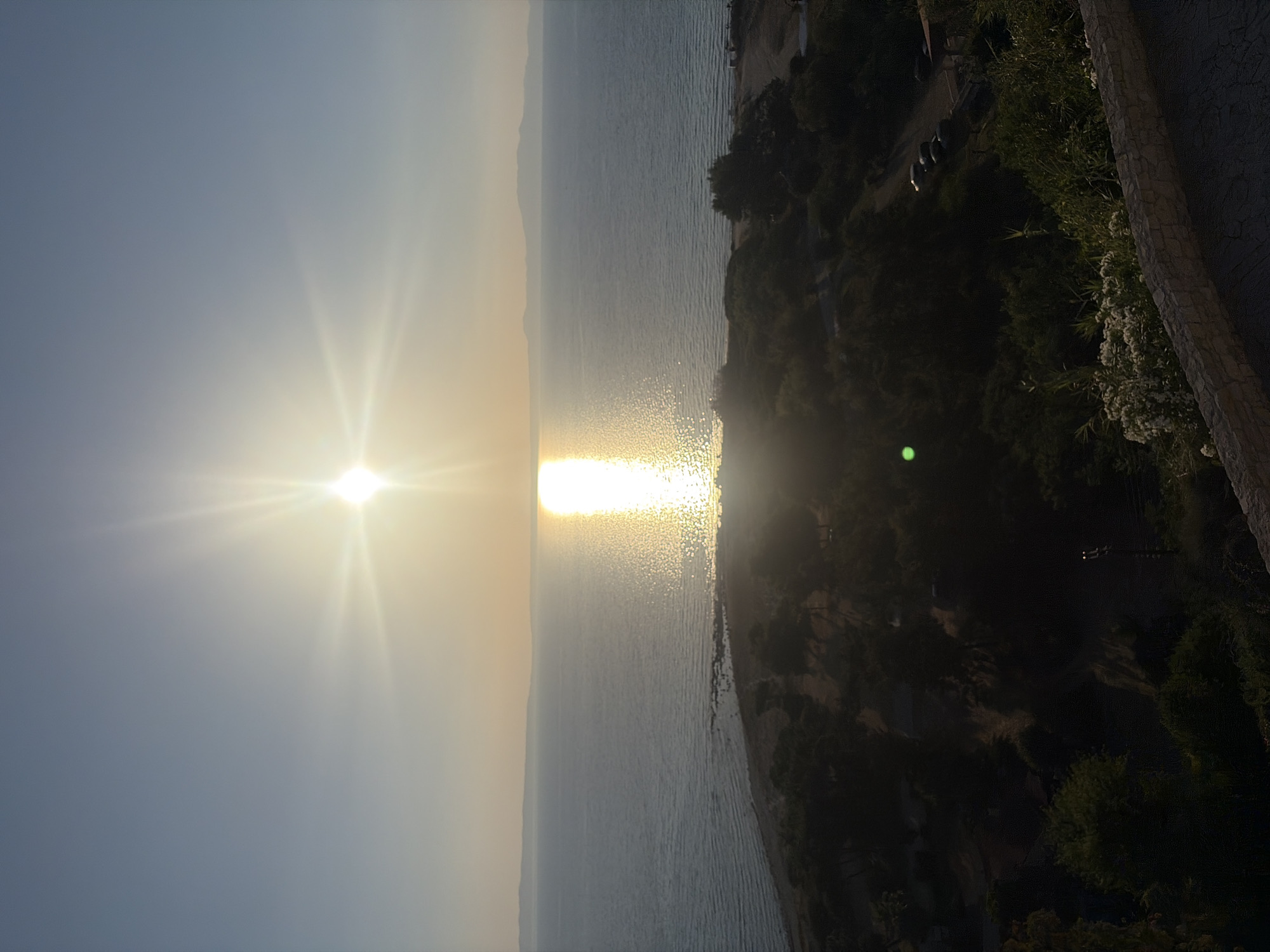 The image shows a panoramic view of the sea and coastline at sunset. The sun is bright and positioned in the center of the sky, with rays of light extending outwards, creating a glare. The sea is calm with a distinct reflection of the sun on its surface. In the foreground, there is a dark, tree-covered hillside sloping down towards the sea. A narrow strip of beach separates the trees from the water. Further back on the coastline, some buildings and a parking lot with several cars are visible. The sky is clear with a gradient from pale blue at the top to a warmer, yellowish hue near the horizon. The overall impression is a serene coastal landscape at dusk, likely from a vantage point overlooking the sea. This scene is typical of locations in Kassandra Municipal Unit, Greece, known for its picturesque coastline and sunset views.