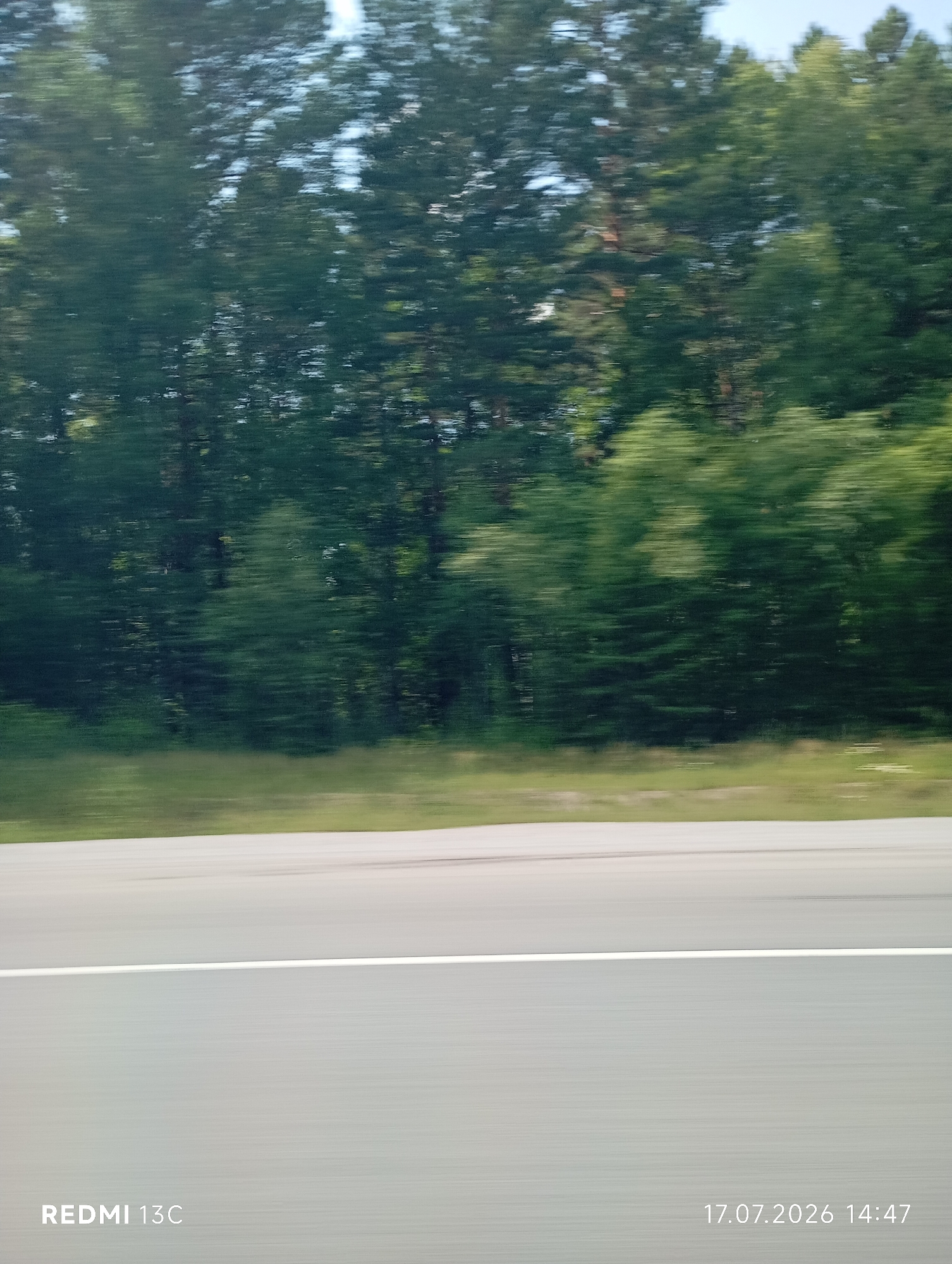 This image captures a blurred scene of trees and a road, suggesting motion. The trees are a mix of dark green and lighter green hues, appearing dense and tall. A light gray road with a white line down the center is visible in the foreground. The lighting suggests it is daytime. The timestamp at the bottom right corner indicates the image was taken on July 17, 2026, at 14:47. The text "REDMI 13C" at the bottom left identifies the device used to capture the image. The location is stated as Moty, Russia.