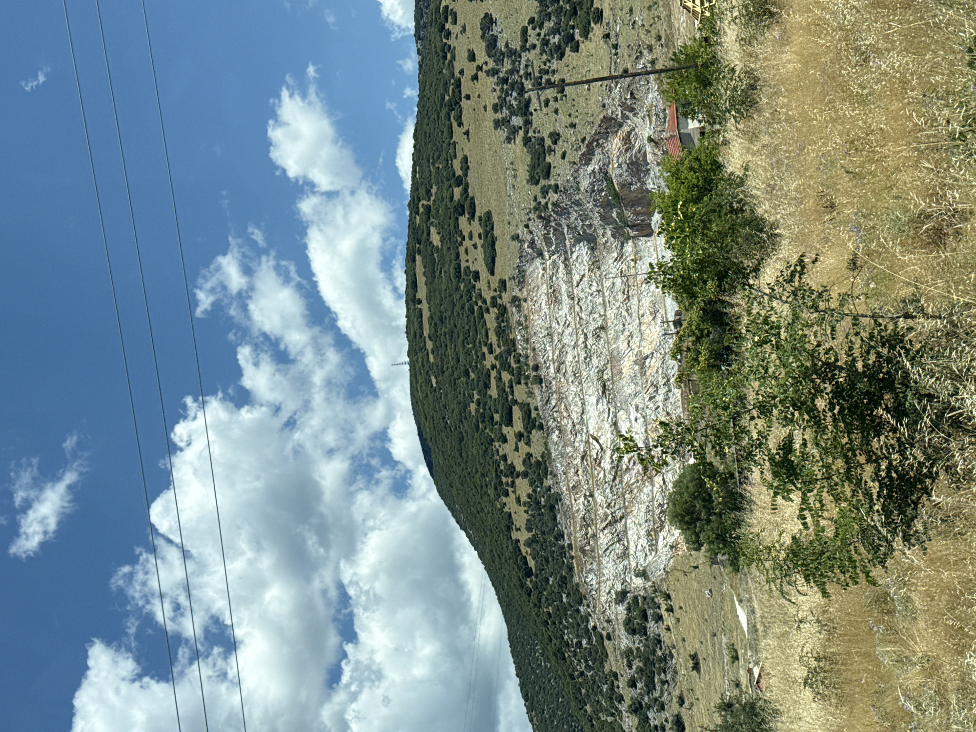 The image depicts a mountainous landscape in Prosotsani Municipal Unit, Greece, characterized by a large, exposed rock face on the side of a densely vegetated hill. The rock face exhibits distinct horizontal striations, suggesting a quarry or a natural geological formation. The upper portion of the hill is covered in a thick layer of dark green vegetation, interspersed with patches of dry, yellowish grass. The foreground is dominated by tall, dry grasses and some leafy green bushes, indicating a natural, possibly semi-arid environment. In the middle ground, several small structures with red roofs are visible amidst the greenery, hinting at human habitation. Power lines are strung across the bright blue sky, which is partially filled with fluffy white clouds. The overall scene conveys a sense of rugged natural beauty, with elements of human presence integrated into the landscape.
