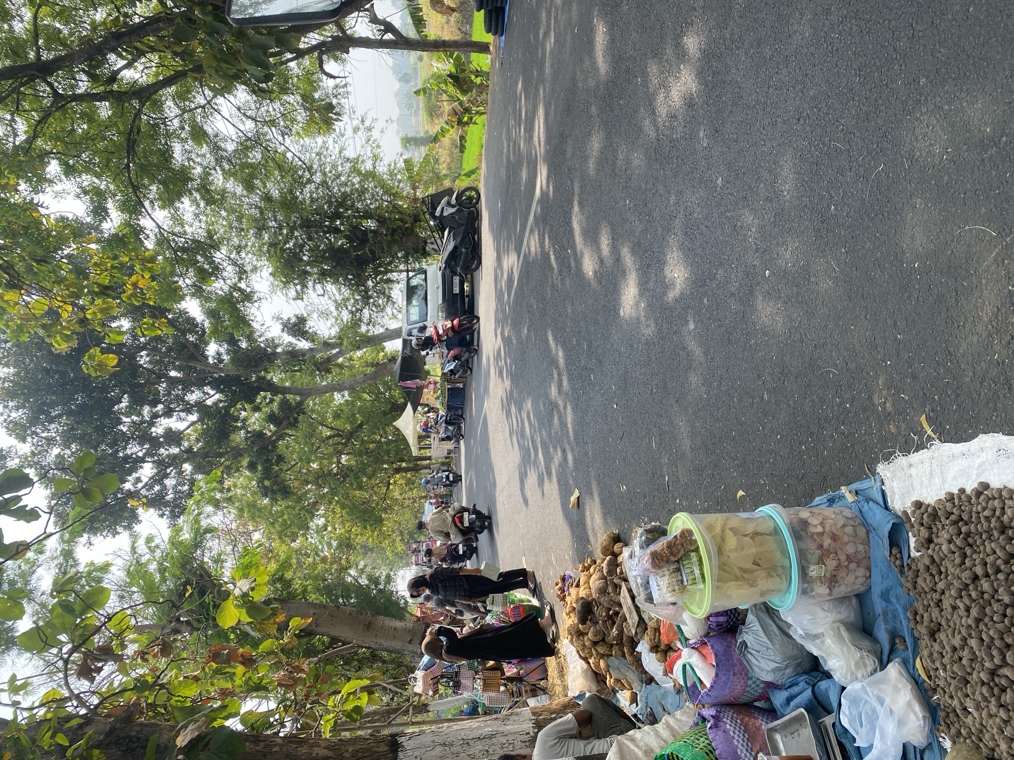 The image depicts a roadside market scene in Banjarejo, Indonesia, likely on a sunny day given the strong shadows. The foreground is dominated by a variety of goods for sale, laid out on blue and white tarps. These include a large pile of root vegetables or tubers, bags of what appear to be snacks in plastic containers, and various woven baskets. To the left, a person is seated, partially visible. Further back, a woman in a dark abaya and headscarf stands next to another woman in black. Behind them, a collection of woven bags are displayed on a stand.
The road itself is paved and appears to be a two-lane street. Several motorcycles are parked and in motion. A white van is parked on the side of the road. Tents or awnings are set up further down the street, suggesting a more established market area. Lush green trees line the road, casting dappled shadows on the asphalt. In the background, a vibrant green rice field is visible, with a gentle slope leading towards a distant horizon. The overall impression is one of a bustling, informal marketplace set against a backdrop of rural Indonesian scenery.