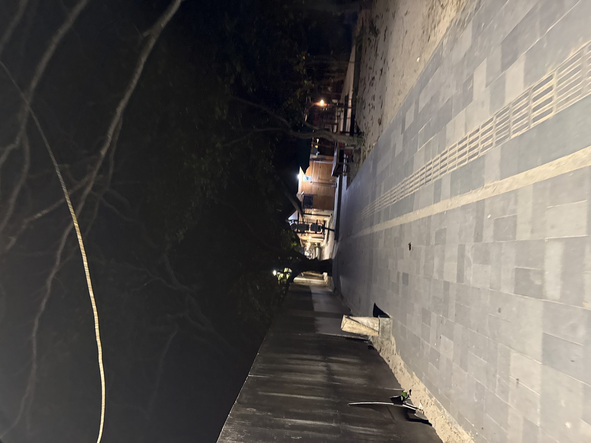 This is a low-light, eye-level, full shot of a pathway at night, possibly in a beachside area of Denpasar, Indonesia, due to the sandy ground and casual structures visible. The pathway, paved with large grey rectangular tiles, runs from the foreground towards a dimly lit area with wooden structures and trees. A textured yellow strip runs along the center of the pathway. To the left of the pathway is a tall, rough-textured, dark wall, which extends out of frame. The ground to the left of the wall appears to be sandy. Above the pathway, the dark silhouettes of tree branches are visible against the night sky, with a thin cable or rope stretching across the top of the frame. The wooden structures in the distance appear to be small shops or stalls, with some lights illuminating them. The overall atmosphere is quiet and subdued, characteristic of nighttime in a less populated area. There are no people or animals visible in the frame.