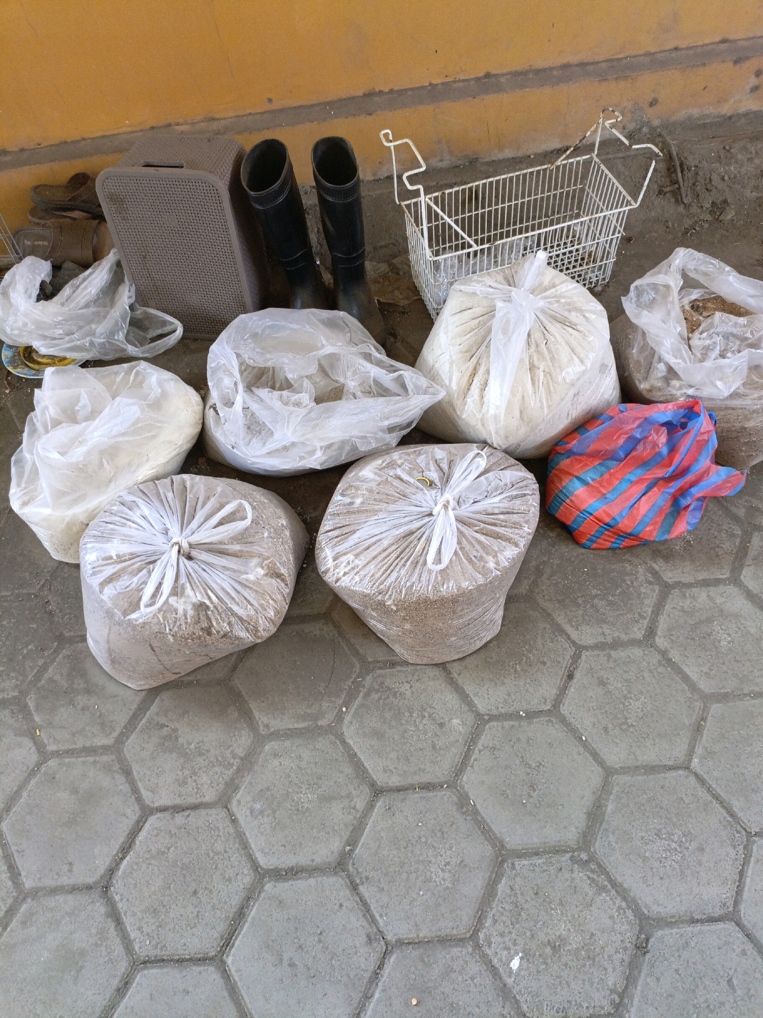 In the city of Betek, Indonesia, an image captures an outdoor scene with several items laid out on a hexagon-tiled surface and dirt. In the background, a yellow wall forms the backdrop. To the left, a brown plastic storage bin sits near a pair of brown sandals. Two black rubber boots stand upright next to the bin. A white wire basket is positioned in the middle ground. The foreground is dominated by several large, clear plastic bags filled with granular material, some tied with white string. One bag, in the middle right, is a multi-colored striped bag with red and blue stripes. The overall impression is one of stored goods or supplies.