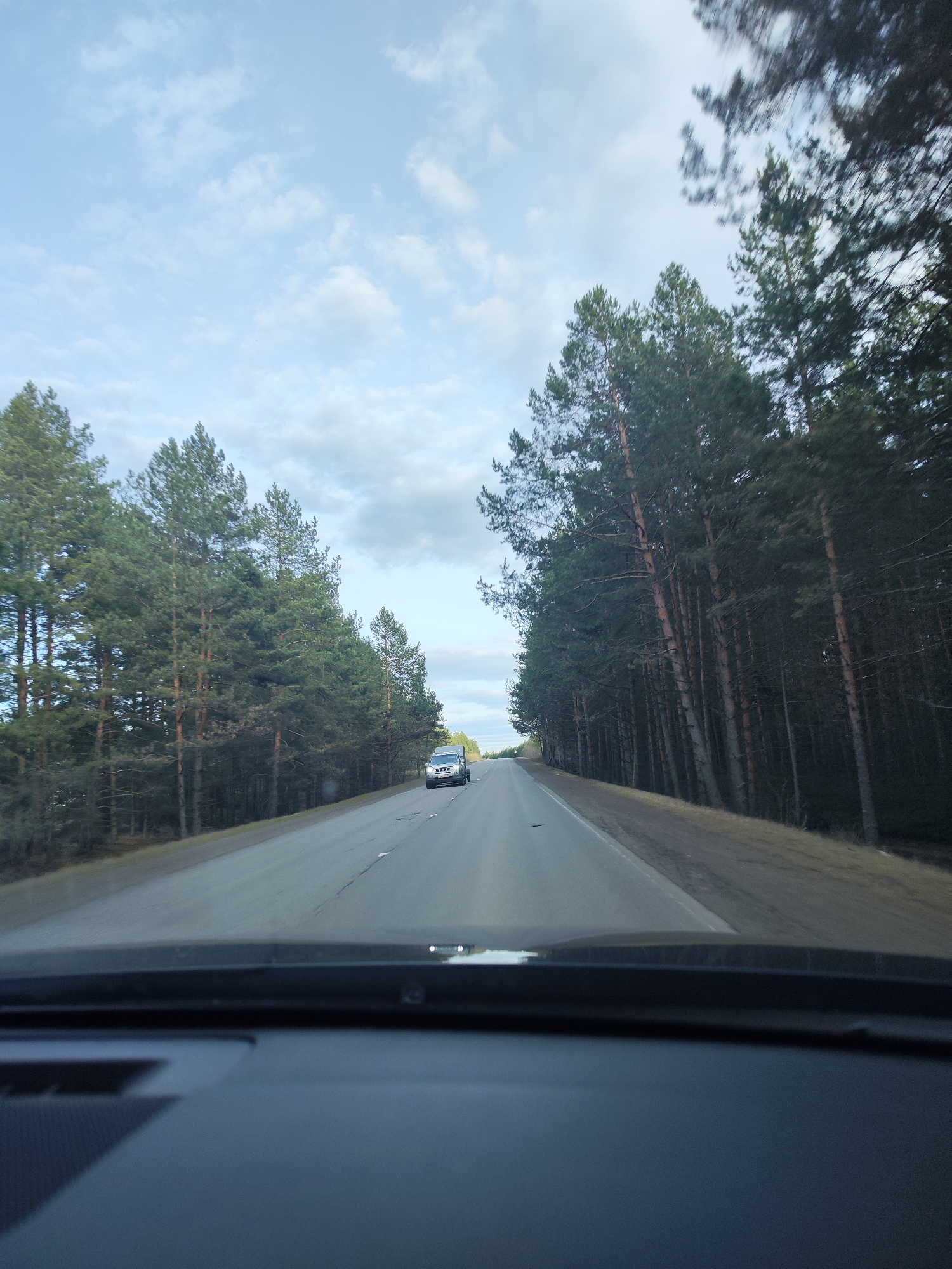 The image shows a view from inside a vehicle traveling on an asphalt road. The road is flanked on both sides by tall pine trees. In the distance, another vehicle is visible on the road ahead. The sky is partly cloudy. The dashboard of the vehicle from which the picture is taken is visible in the foreground. There is no evidence to ascertain that the location is in Bashur, Russia.