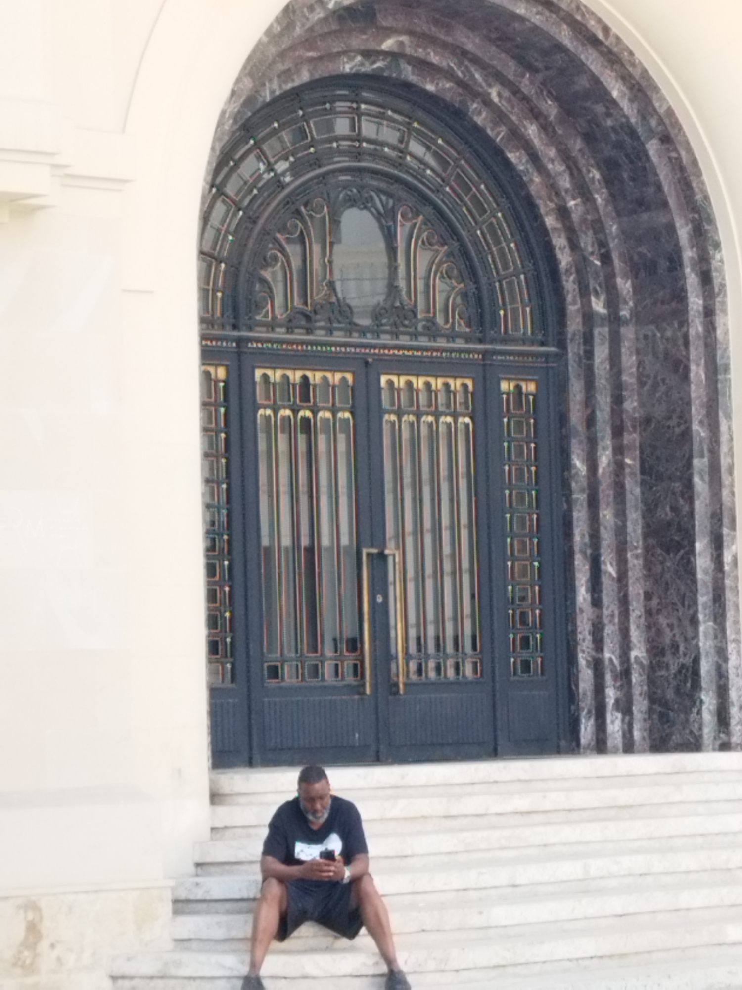 The image captures a man sitting on a set of stone steps in front of an imposing, arched entryway with decorative metal doors. The man, dressed in a black t-shirt and shorts, is looking down at a mobile phone in his hands. The building facade to the left is a light color with architectural detailing, and to the right, dark marble columns line the arched entrance. The steps are wide and appear to be made of light-colored stone. The overall scene suggests an outdoor setting, possibly in a public space or the entrance to a grand building. The location is the Carol I Park in Bucharest, Romania.