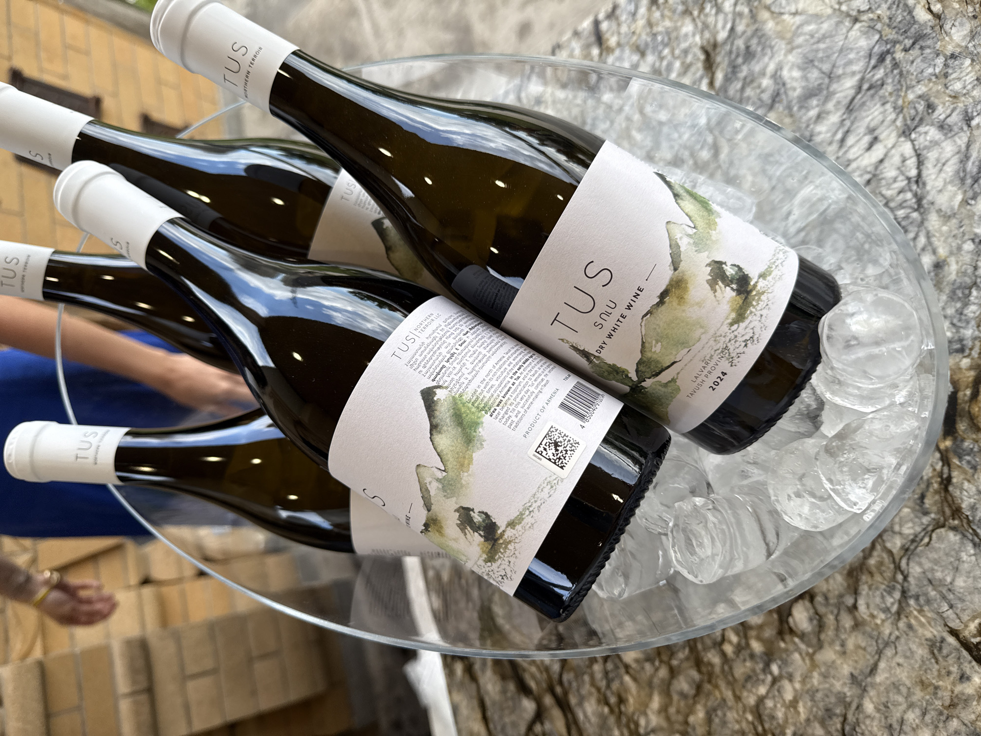 The image shows four bottles of "TUS" dry white wine chilling in a clear ice bucket filled with ice. The bottles are angled, showcasing their labels. The label displays the brand name "TUS" in a stylized font, accompanied by watercolor-like illustrations of mountainous terrain. The labels also specify the wine as a "DRY WHITE WINE" from the Lalvari region in Tavush Province, with a vintage of 2024. The bottle caps are white and also bear the "TUS" brand.
The background consists of a textured surface, possibly stone or marble. Hints of people are visible, including parts of arms and clothing, suggesting the wine is being presented or served in a social setting. The location is Armenia, based on the label information which includes "PRODUCT OF ARMENIA" and mentions of Tavush Province. It's impossible to specify if it's Yerevan.