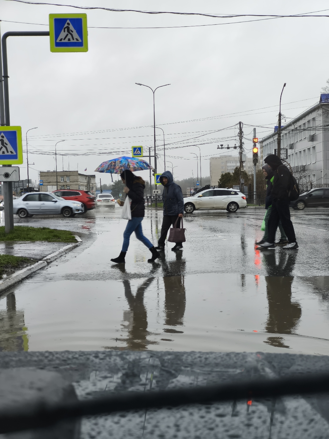 The image depicts a rainy day street scene in Chaikovsky, Russia, at a pedestrian crossing. The sky is overcast, and the asphalt road is covered with numerous large puddles, creating extensive reflections of the surroundings.
Several pedestrians are crossing the street. In the foreground, a person wearing blue jeans and black boots walks with a colorful umbrella and carries a white bag. Adjacent to them, another individual in a dark hooded jacket crosses, holding a dark bag. Further to the right, two more people dressed in dark clothing, one with a backpack, also navigate the wet crosswalk. Their reflections, along with those of the streetlights, signs, and traffic signals, are distinctly visible in the standing water.
Prominent features include multiple square blue pedestrian crossing signs, each displaying a white walking figure. A traffic light in the background shows an illuminated amber signal, with the number "43" visible, likely indicating a countdown timer. Below one of the pedestrian signs, a small camera or surveillance icon is present. Various cars, including a silver sedan, a red SUV, and a white car, are visible on the wet road, some appearing blurred from motion. Utility poles, streetlights, and overhead wires are characteristic elements of this urban or suburban setting, contributing to a gloomy yet active depiction of daily life in adverse weather.