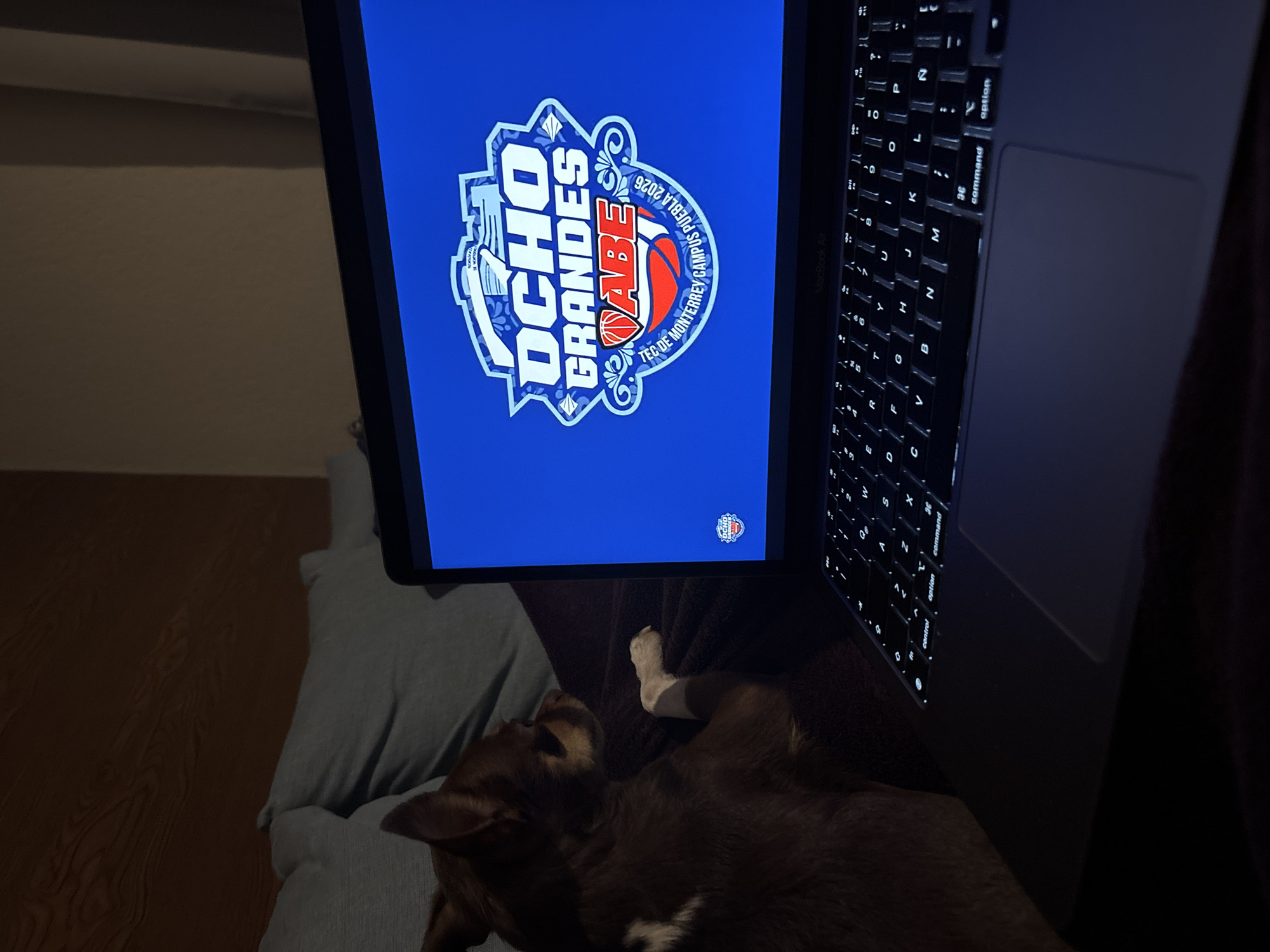 The image shows a laptop displaying the logo for "Ocho Grandes ABE, Tec de Monterrey Campus Puebla 2026." A brown and white dog is lying next to the laptop on a grey pillow. The setting appears to be indoors.