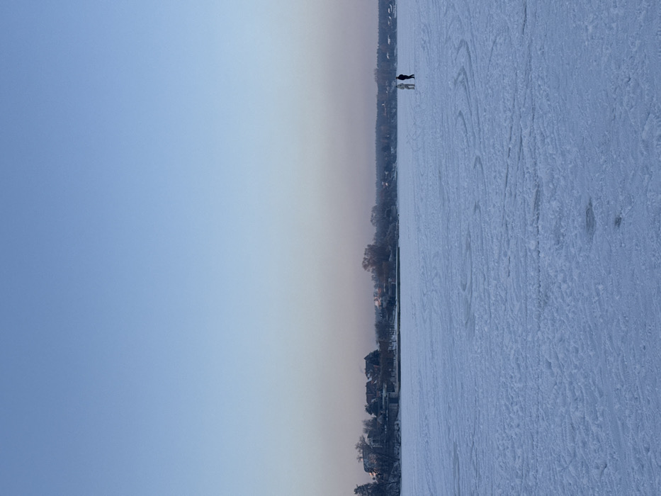 The image depicts a wide, cold-weather landscape in Liutizh, Ukraine, dominated by a vast, frozen body of water. The entire visible surface of the water is covered in a uniform layer of snow and ice, exhibiting numerous faint, curved marks and tracks across its expanse. In the distant background, along the horizon, a shoreline is visible, featuring a mixture of deciduous trees, many appearing bare, interspersed with several residential structures characterized by dark roofs. A low-lying structure, potentially a bridge or embankment, is situated along this shoreline toward the left side of the frame. The sky occupies the upper two-thirds of the image, presenting a gradient from a clear, pale blue at the top to a softer, slightly pinkish hue near the horizon line, indicative of a low sun angle. Two human figures are positioned on the frozen surface in the right midground. The figure on the left wears light-colored clothing, while the figure on the right wears dark-colored clothing. They stand in close proximity, facing generally toward the left, without clear specific actions or interactions discernible beyond their presence.