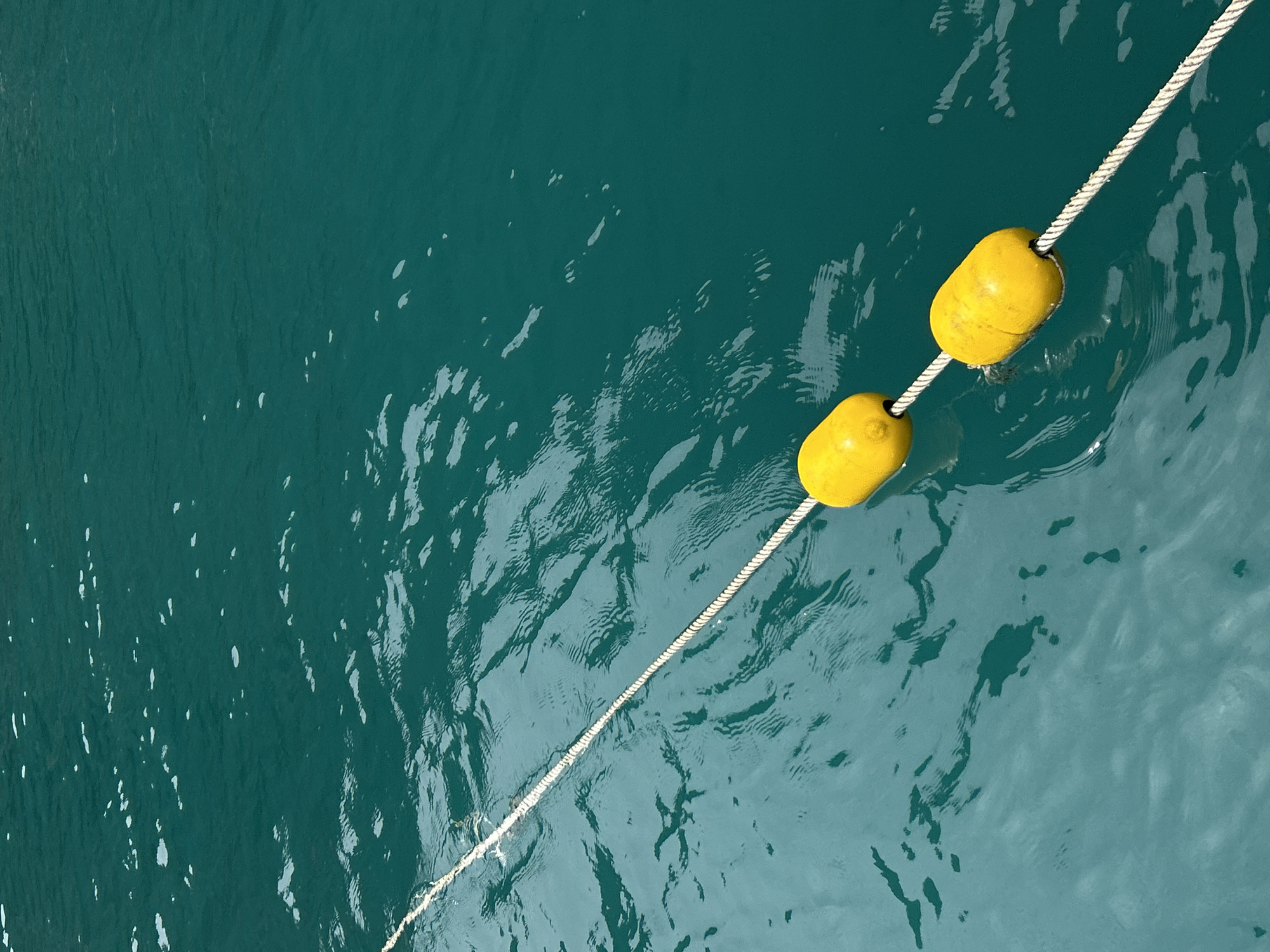 This is a close-up, eye-level shot of a thick white rope with two bright yellow, torpedo-shaped buoys attached, floating on the surface of calm, turquoise-green water. The rope stretches diagonally from the lower left to the upper right of the frame, disappearing out of view. The water's surface is rippled, creating light and dark patterns. The scene is set in Ao Nang, Thailand, a coastal district known for its beaches and island hopping tours. The lighting suggests it is daytime. There are no people or animals visible in the image.