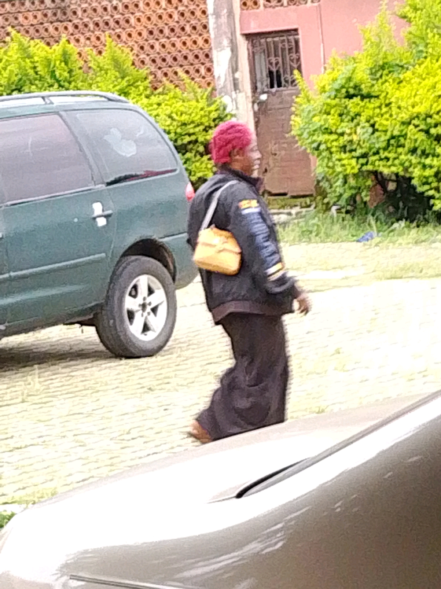 A medium shot shows a woman with bright pink hair wearing a dark jacket and dark pants, walking on a paved surface in what appears to be Jos, Nigeria. She is carrying a small, tan, rectangular purse on her right shoulder. A dark green station wagon is parked to her left. In the background, there is a textured, reddish-brown wall and lush green bushes. The lighting suggests it is daytime, likely overcast.