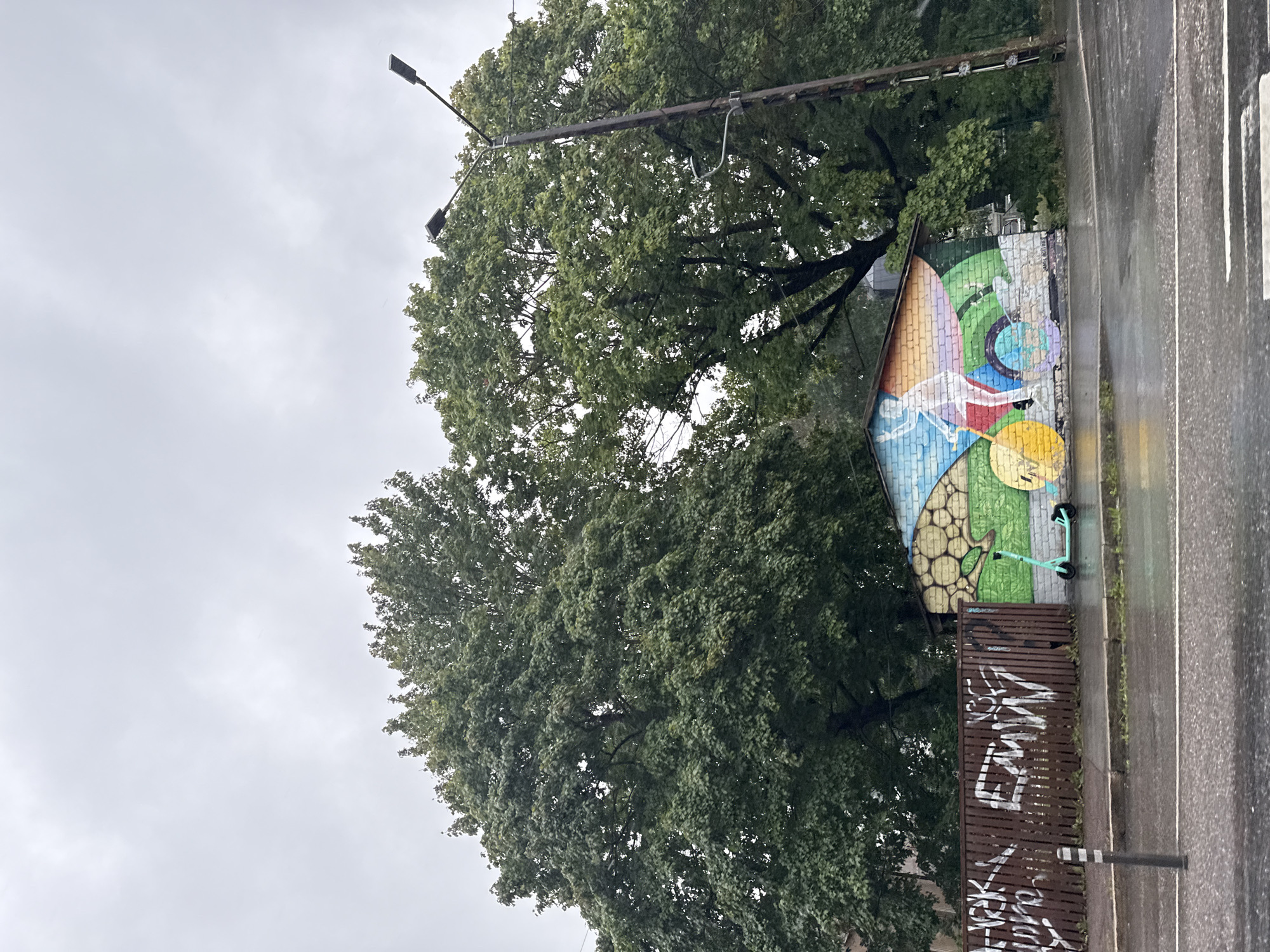 The image depicts an outdoor scene in Tallinn, Estonia, under an overcast sky. In the foreground, a wet asphalt road with white markings is visible, indicating a street or intersection. To the right, a lamppost with two lights stands tall. Behind the road, a brown wooden fence, covered in white graffiti, runs horizontally. Adjacent to the fence is a building with a colorful mural painted on its side. The mural features abstract shapes and a stylized figure on a bicycle. A light blue electric scooter is parked on the wet sidewalk in front of the mural. Two large, mature trees with dense green foliage dominate the background, their branches reaching towards the sky. The overall atmosphere is somber, likely due to the cloudy weather.