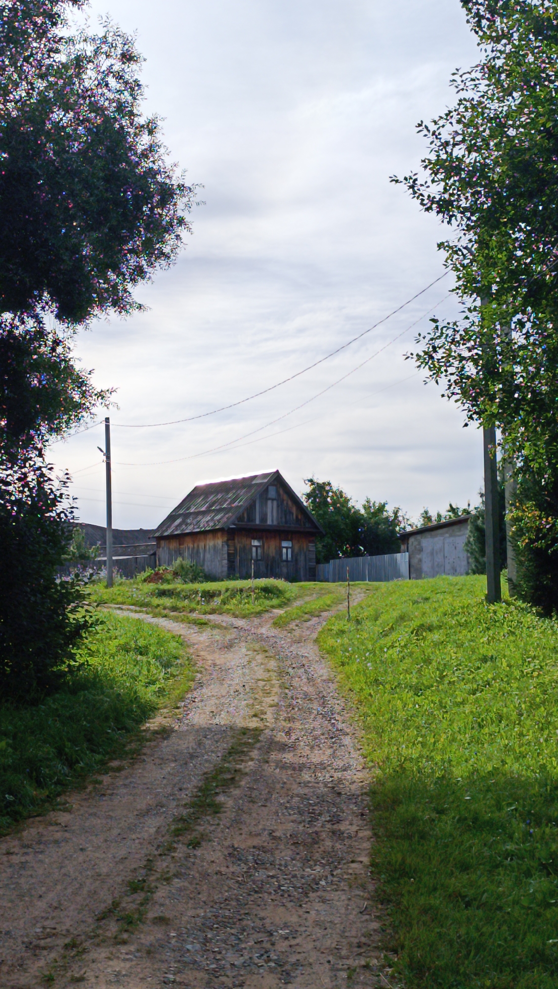 In Karsha, Russia, on a cloudy day, a dirt road forks in front of a weathered wooden house. The house, with its corrugated metal roof and simple windows, sits amidst green grass and trees. A utility pole stands to the left of the road, its wires stretching across the sky. To the right, another utility pole and a shed are visible. The scene depicts a rural or semi-rural setting with elements of everyday life.
