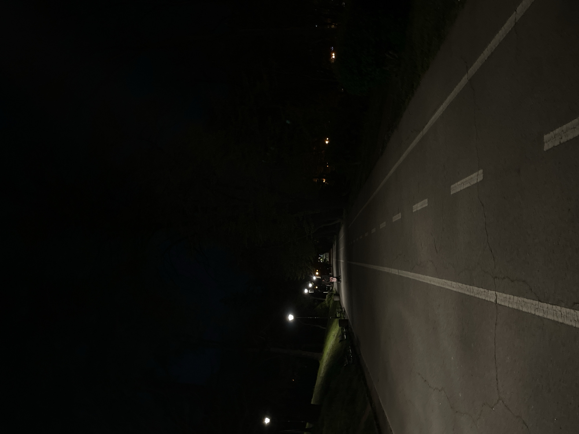 The image shows an illuminated pedestrian walkway at night, likely in Plovdiv, Bulgaria, given the location context. The walkway is asphalt with painted white lines designating lanes. Several streetlights illuminate the path. The left side of the image is dark, possibly showing trees or foliage. Far down the path, there appear to be one or two people.