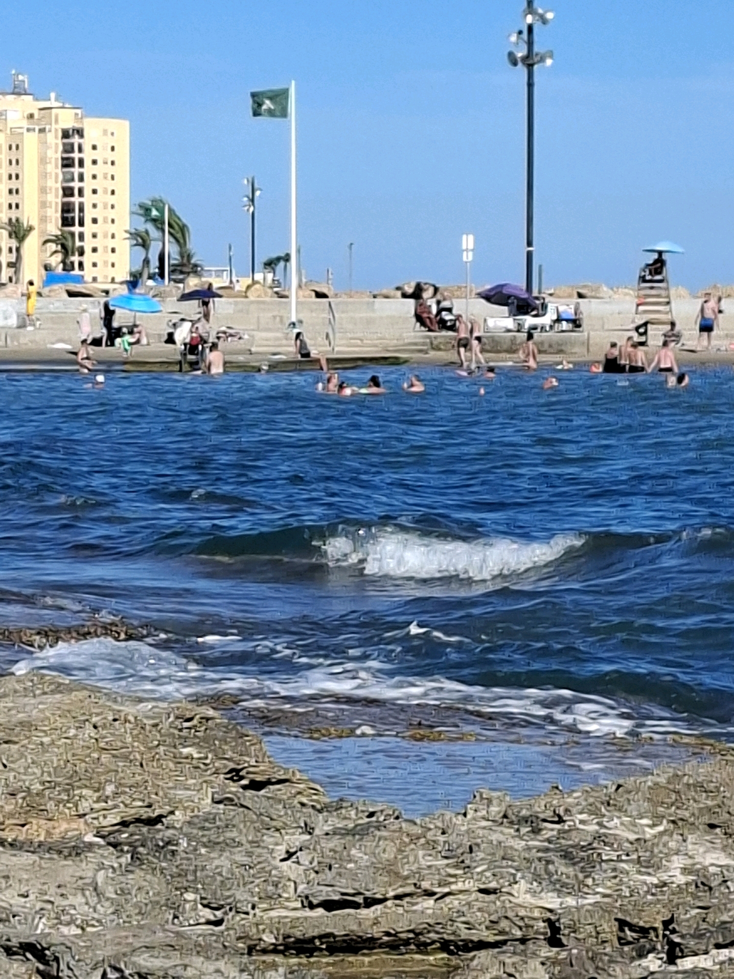 The image shows a sunny day at a beach with rocky shorelines in the foreground. In the middle ground, people are swimming and sunbathing on a concrete promenade. There are several umbrellas providing shade. In the background, a tall, light-colored building stands out against the clear blue sky, characteristic of the architecture in Torrevieja, Spain. A flag on a flagpole is also visible. The water is a vibrant blue, with small waves. A lifeguard chair with a person in it is positioned on the right side of the promenade.