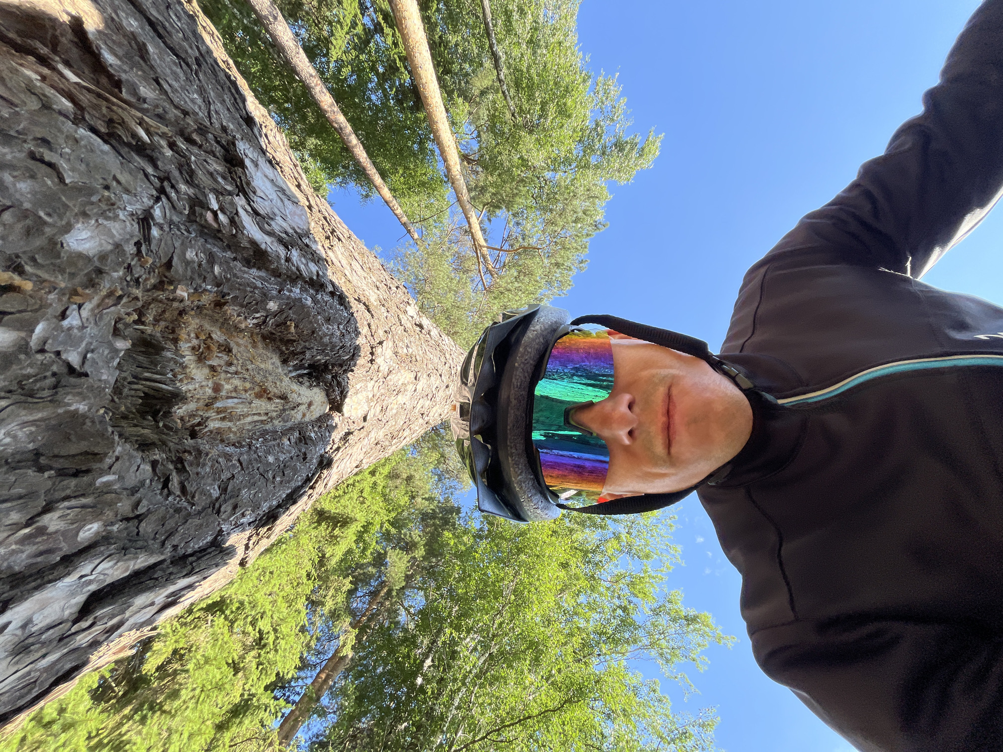 A first-person perspective shot shows a person wearing a black cycling jacket and rainbow-colored cycling glasses, looking upwards towards the sky. A large tree trunk with rough bark is prominently featured on the left side of the frame, extending upwards into the shot. Green foliage and trees are visible in the background, along with a clear blue sky. The image appears to have been taken outdoors, possibly in a park or forest. There is no evidence to suggest the location is in Chaikovsky, Russia.