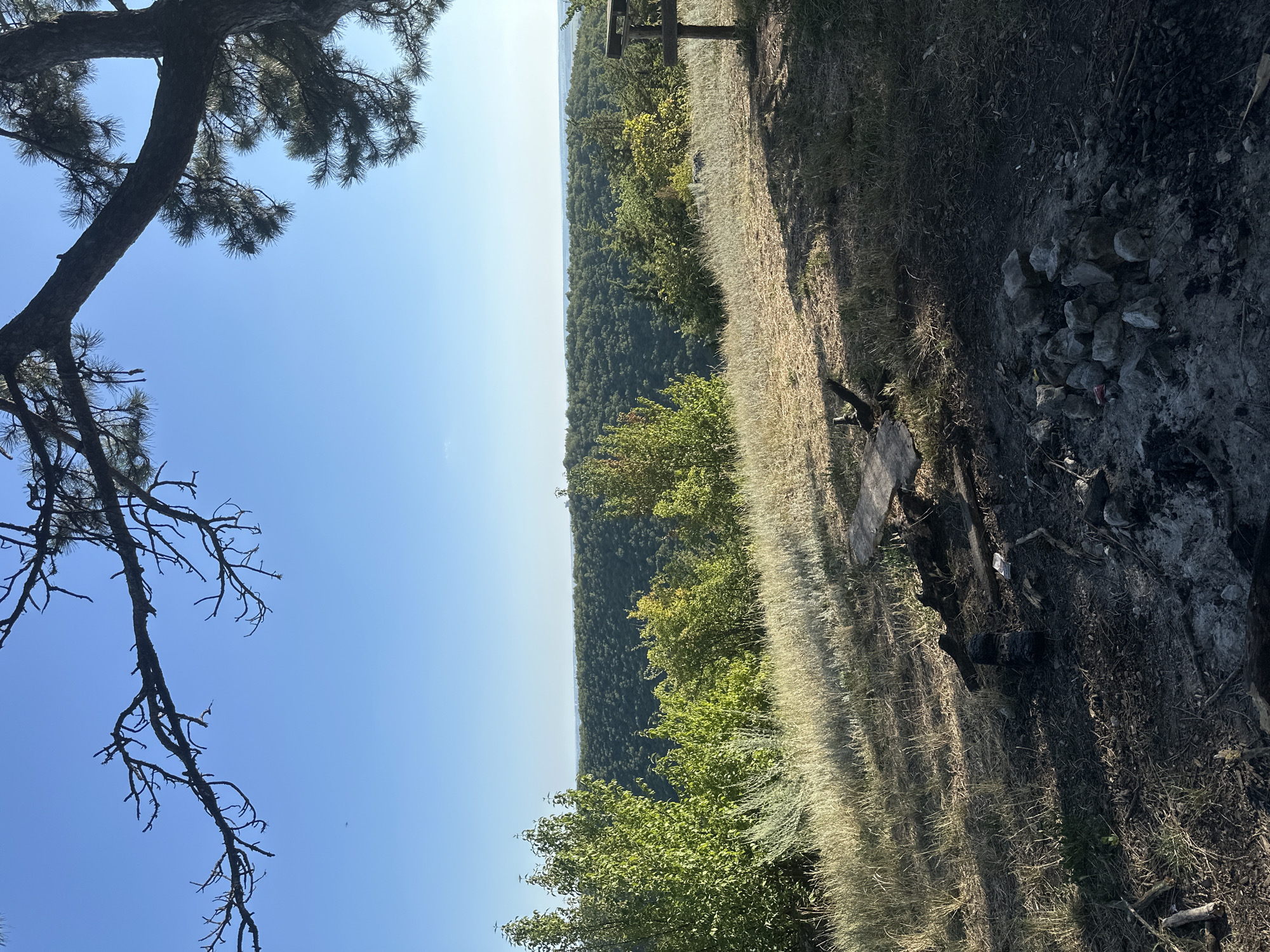 This image depicts an outdoor scene with a panoramic view of a forested valley under a clear blue sky. In the foreground, a cleared area shows remnants of a campfire, including ash, charred wood, and rocks arranged in a circle. Dry grass and scattered twigs cover the ground. To the right, a wooden picnic table is partially visible, suggesting this is a designated resting or recreational spot. The middle ground features a slope covered in dry grass and bushes, leading down to a dense, green forest that stretches across the valley. The background is a soft, hazy horizon line. The overall impression is one of a serene, natural landscape in the vicinity of Pryvorottia Druhe, Ukraine, likely a campsite or scenic overlook.