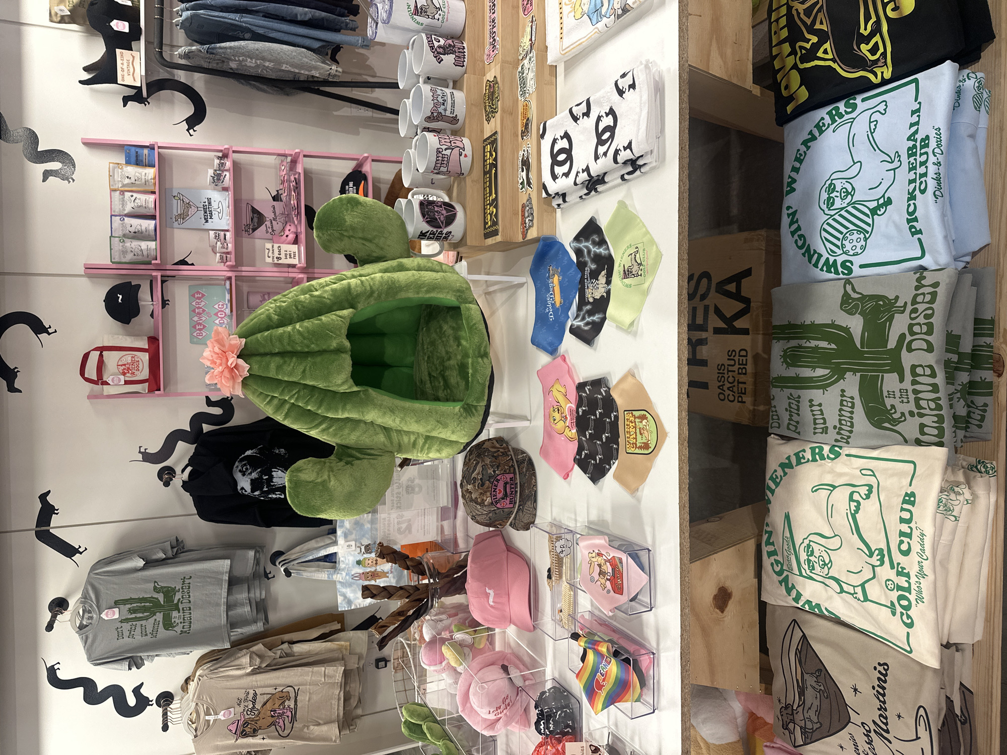 The image shows a retail display, likely inside a store in an unknown city. A pink metal shelf holds dog-related items, including treats and accessories. Decorative black silhouettes of dachshunds adorn the white wall. Mugs are stacked on a shelf above. A large, green plush cactus-shaped pet bed is centrally positioned. Further right, on a white surface, are various accessories such as hats, scarves, and toys organized in transparent containers. Stacked t-shirts with dog-themed designs are on a wooden shelf to the right of the accessories. A cardboard box with "Oasis Cactus Pet Bed" printed on it is visible.