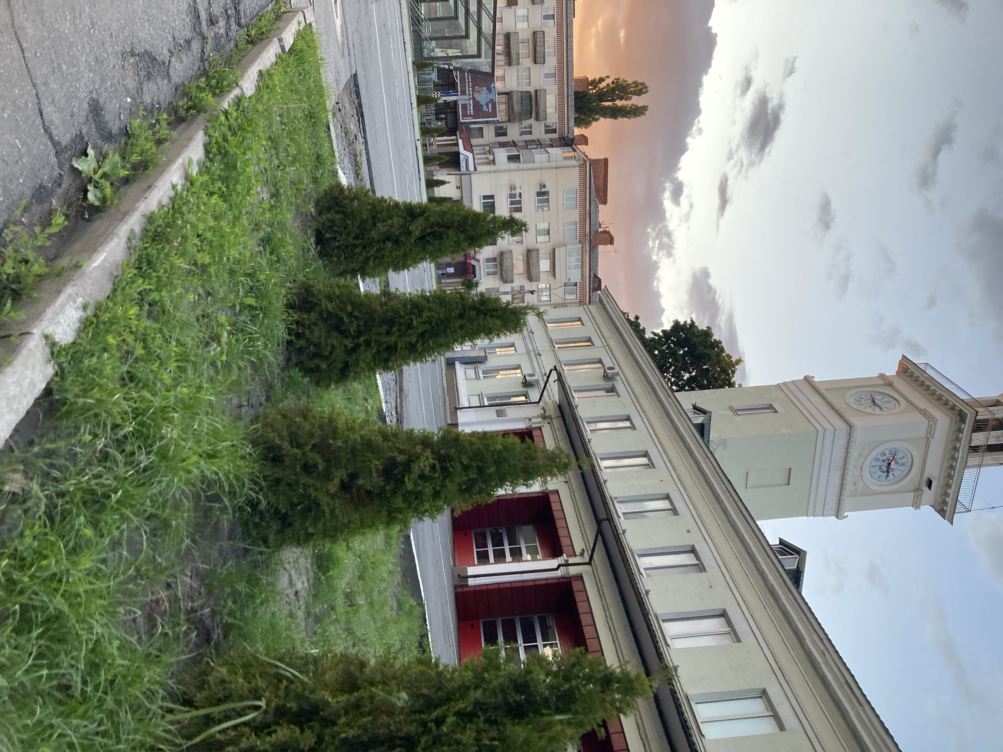 The image captures a serene urban street scene in Poltava, Ukraine, at dusk or sunset. The sky is a notable feature, displaying warm orange and pink hues on the horizon, transitioning to soft grey and white clouds overhead.
In the foreground, an asphalt road runs alongside a concrete curb, bordering a wide strip of grass with scattered green plants and some weeds. A row of four small, conical evergreen trees, likely thuja or juniper, is neatly planted along this grassy area.
To the right, a multi-story building with a light-colored facade dominates the midground. It features numerous rectangular windows and distinctive recessed balconies with reddish-brown frames on the lower levels. Air conditioning units are visible on its exterior. Behind this building, a prominent clock tower rises, displaying two visible clock faces with Roman numerals. The upper clock face indicates approximately 10:10, while the lower one shows around 1:55.
Further in the background, across a wider street, several other multi-story residential or mixed-use buildings are visible. One of these buildings prominently displays a banner or poster with Ukrainian text. Visible text on this banner includes "ПОЛТАВА" (Poltava), a stylized map of Ukraine, and the year "1944," strongly indicating the specific location and possibly commemorating a historical event. Tall trees are also seen among the background buildings and against the horizon.
No people or explicit activities are visible, contributing to a quiet, peaceful atmosphere as daylight fades. The road appears dry, suggesting no recent rain.